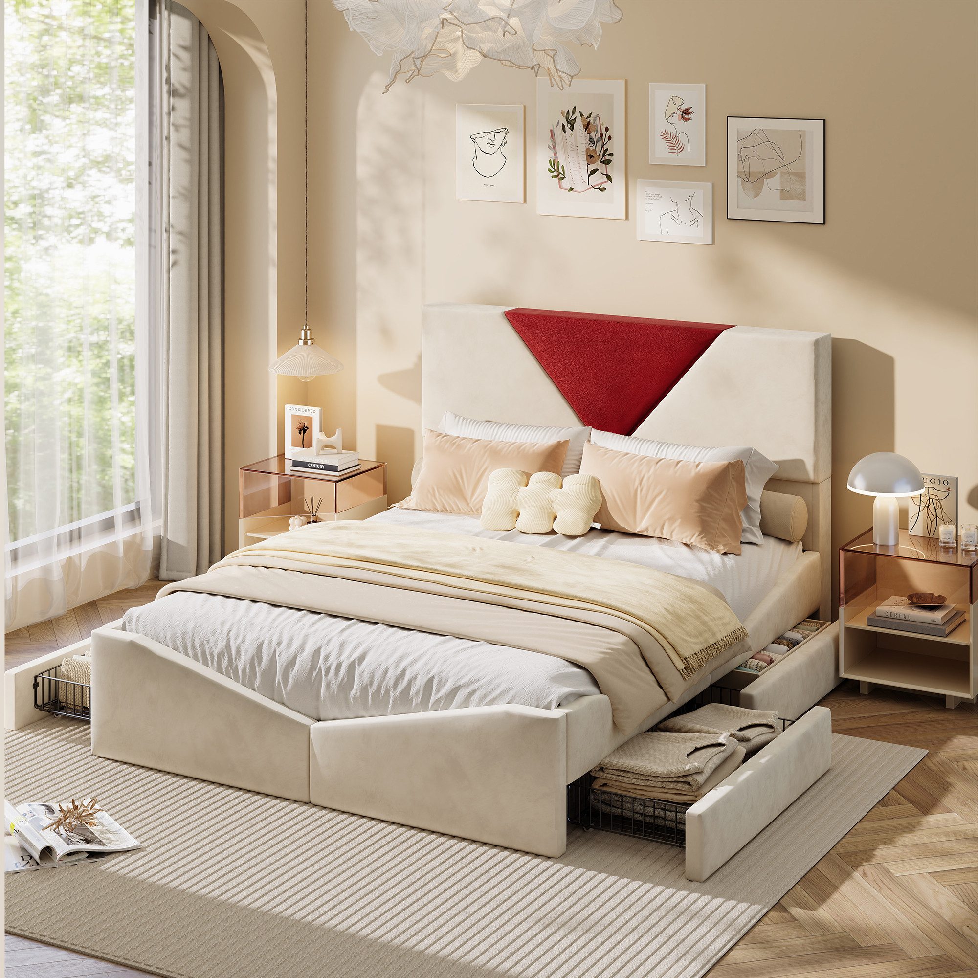 ADWOLT Stauraumbett Polsterbett Doppelbett mit Lattenrost, Bettgestell 160x200,Rotes dreieckiges Kopfteil,mit 4 Schubladen,Beige