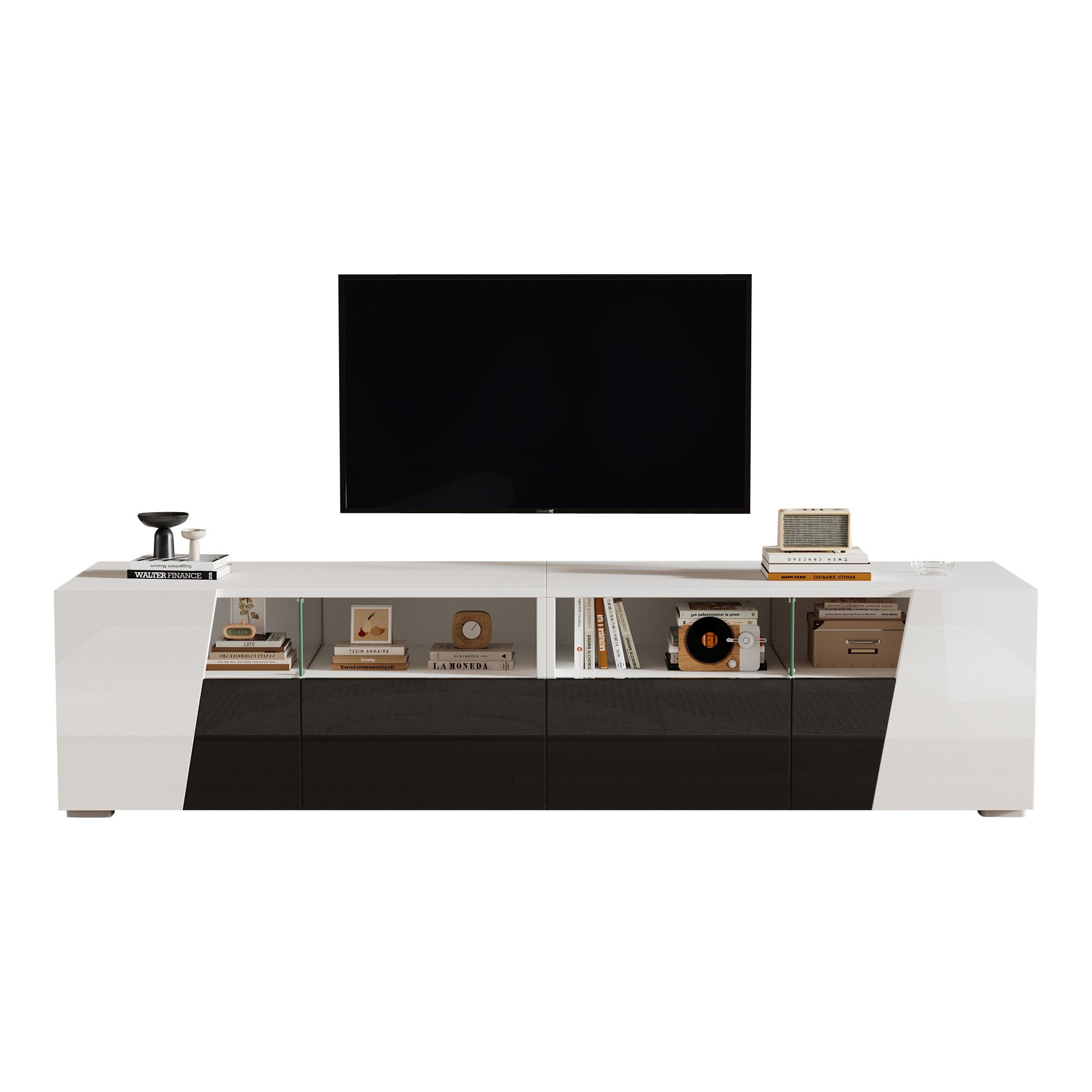 KLAM HOME Lowboard Hochglanz Lowboard Mit App LED Beleuchtung Fuer 80 Zoll TV (Modernes TV Moebel Mit 2 Schubladen Und 2 Schraenken), Elegantes TV Board In Weiss Schwarz Smart Home Feature