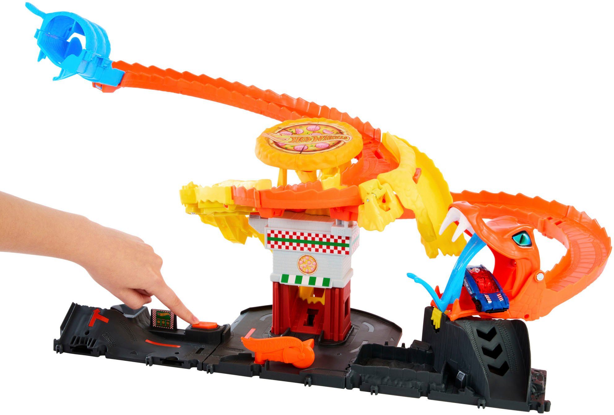 Hot Wheels Autorennbahn City Cobra Slam Pizza Attack, inklusive 1 Spielzeugauto