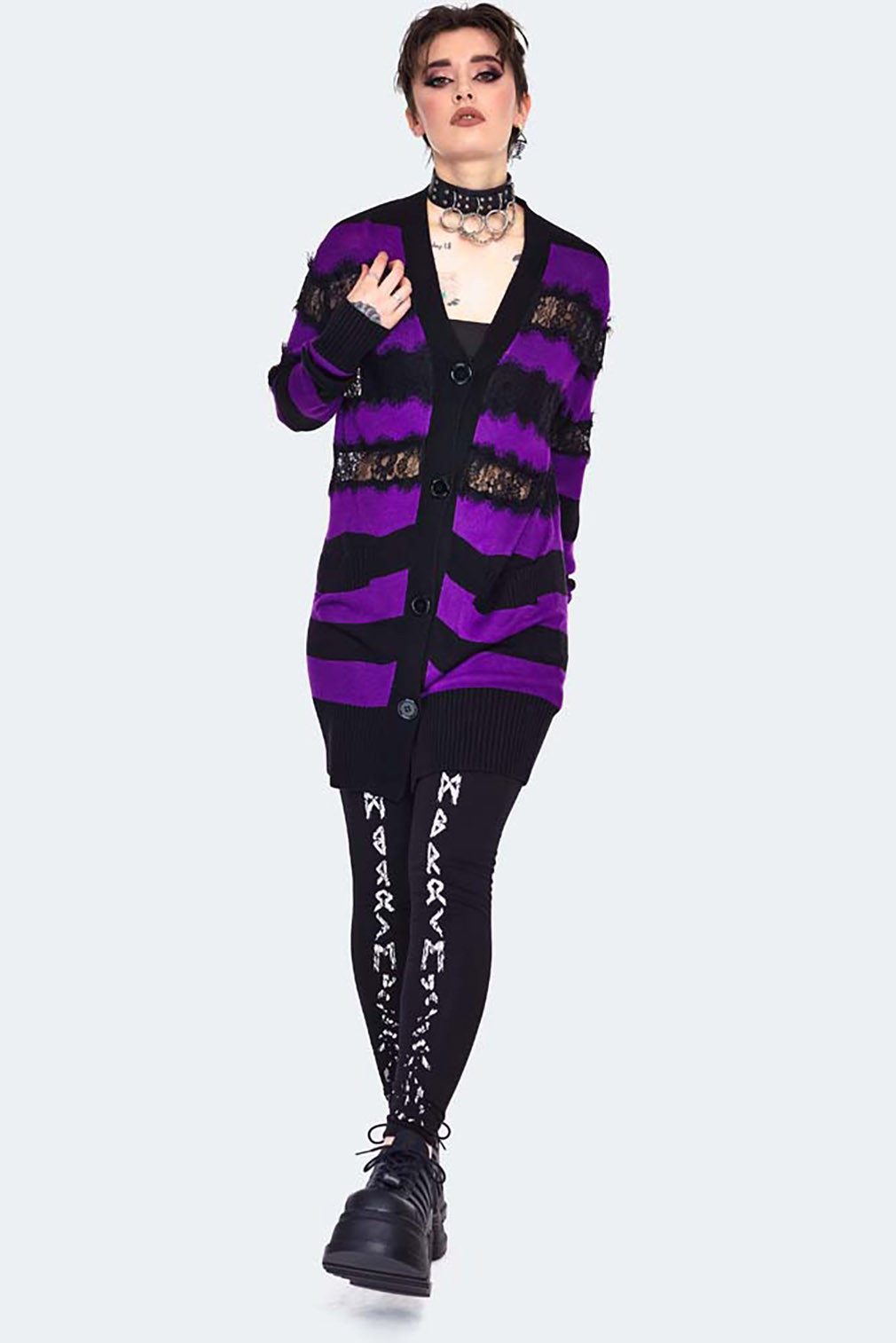 Jawbreaker Strickjacke Oversized Stripe Purple Cardigan Punk Grufti Gothic