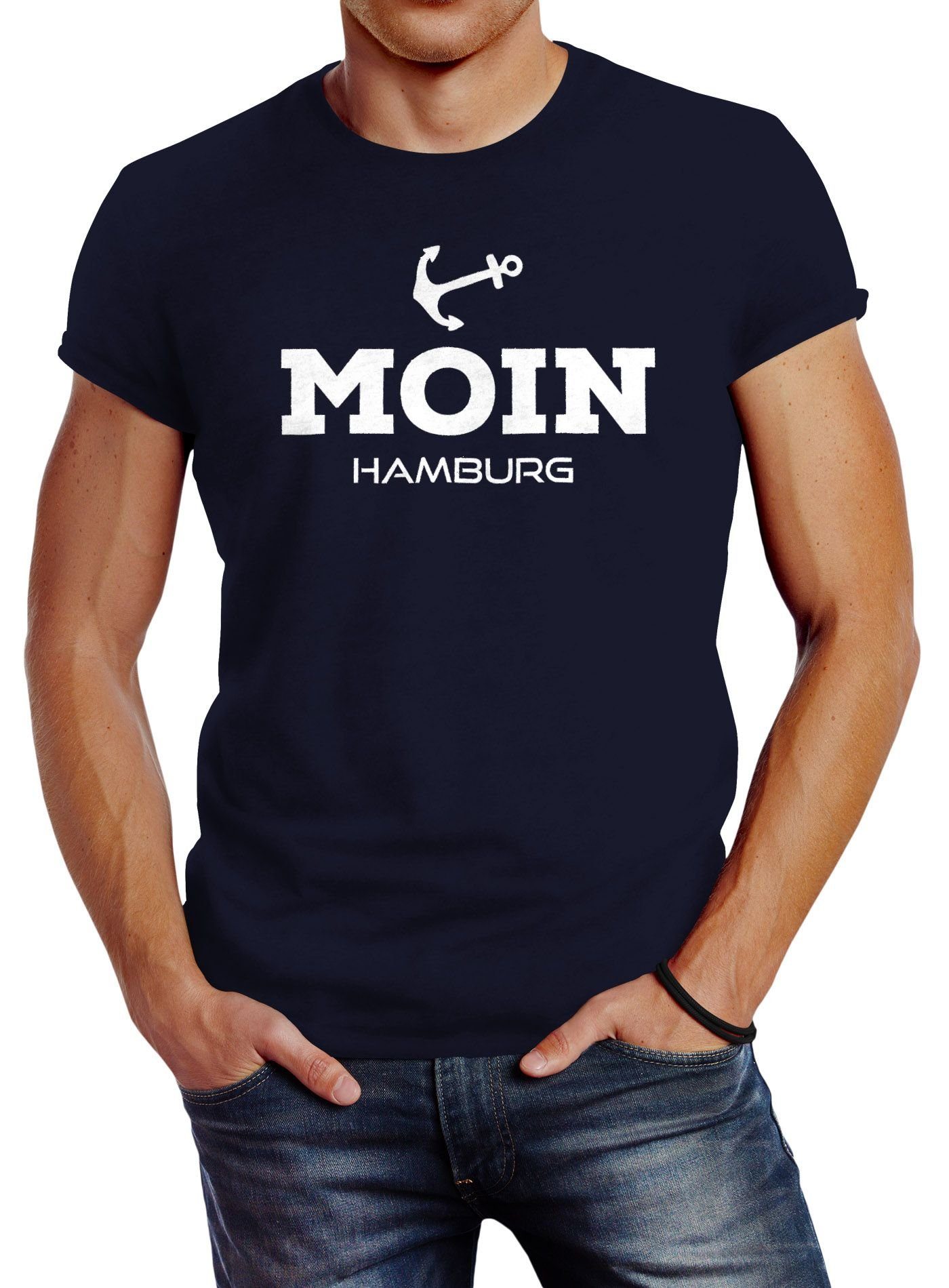 Neverless Print-Shirt Herren T-Shirt Moin Hamburg Anker Slim Fit Neverless® mit Print navy