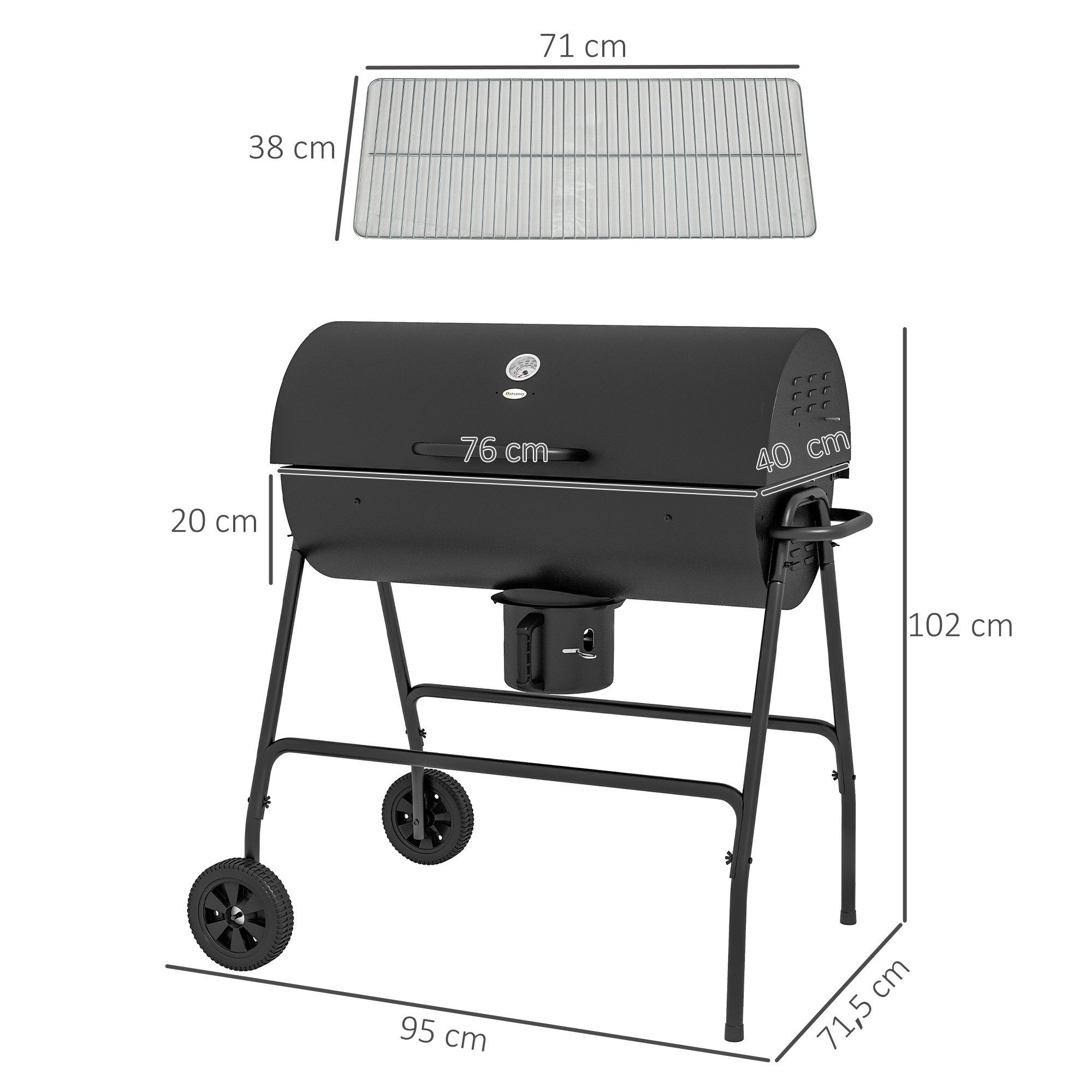 Outsunny Holzkohlegrill mit Deckel, Thermometer, Räder, verstellbarer Kohlewanne, Griff, BBQ Smoker, fahrbar Grillwagen, Kohlegrill für Barbeque Camping, Terrasse, 95 x 71,5 x 102 cm