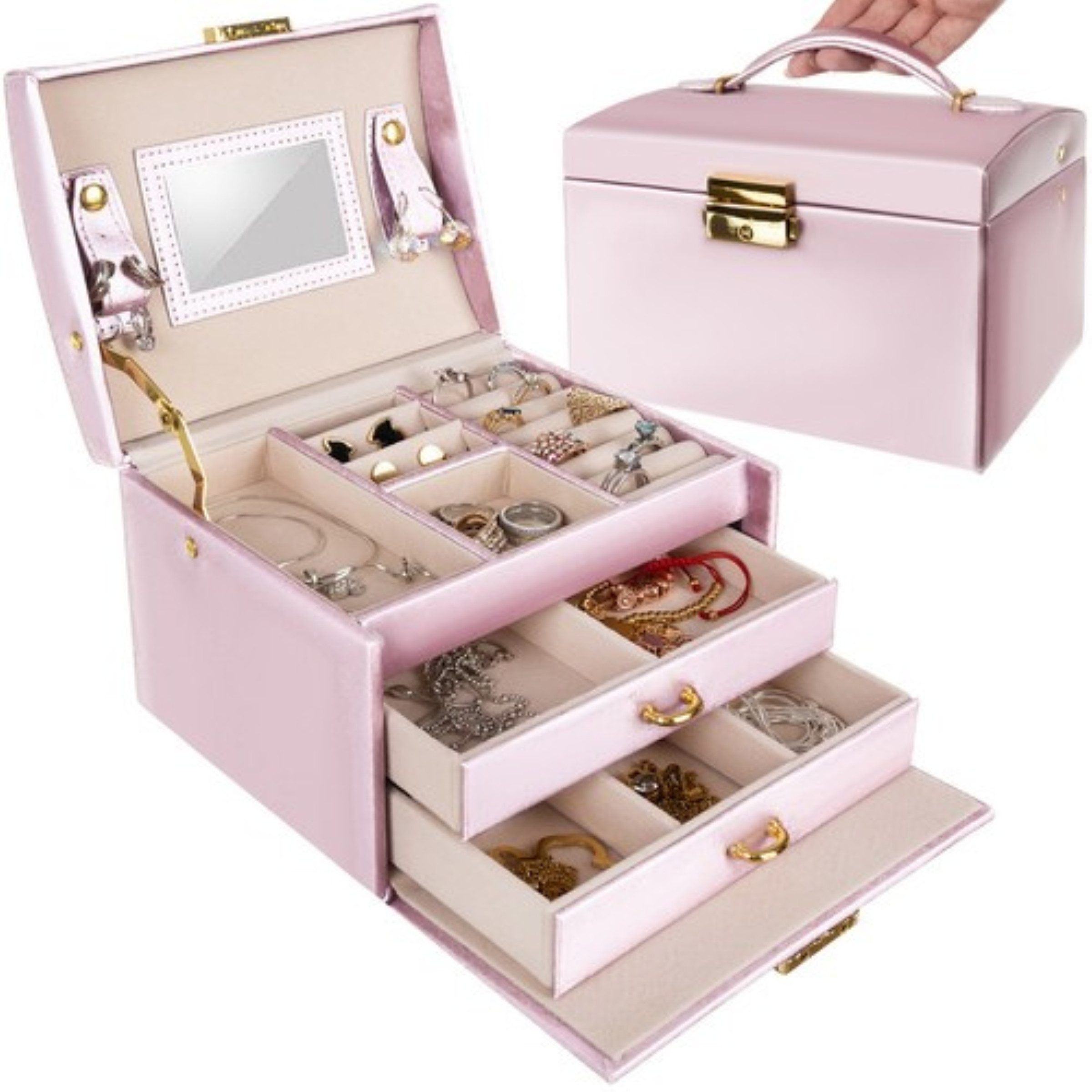 Beautylushh Schmuckkasten Schmuckkasten mit Schloss Spiegel und Schubladen Satinoptik (Einzel Schmuckkasten mit Spiegel Schloss und Schubladen, Schmuckkasten mit Spiegel Schloss und zwei Schubladen), Abschließbar mit Schlüssel Weich ausgekleideter Innenraum