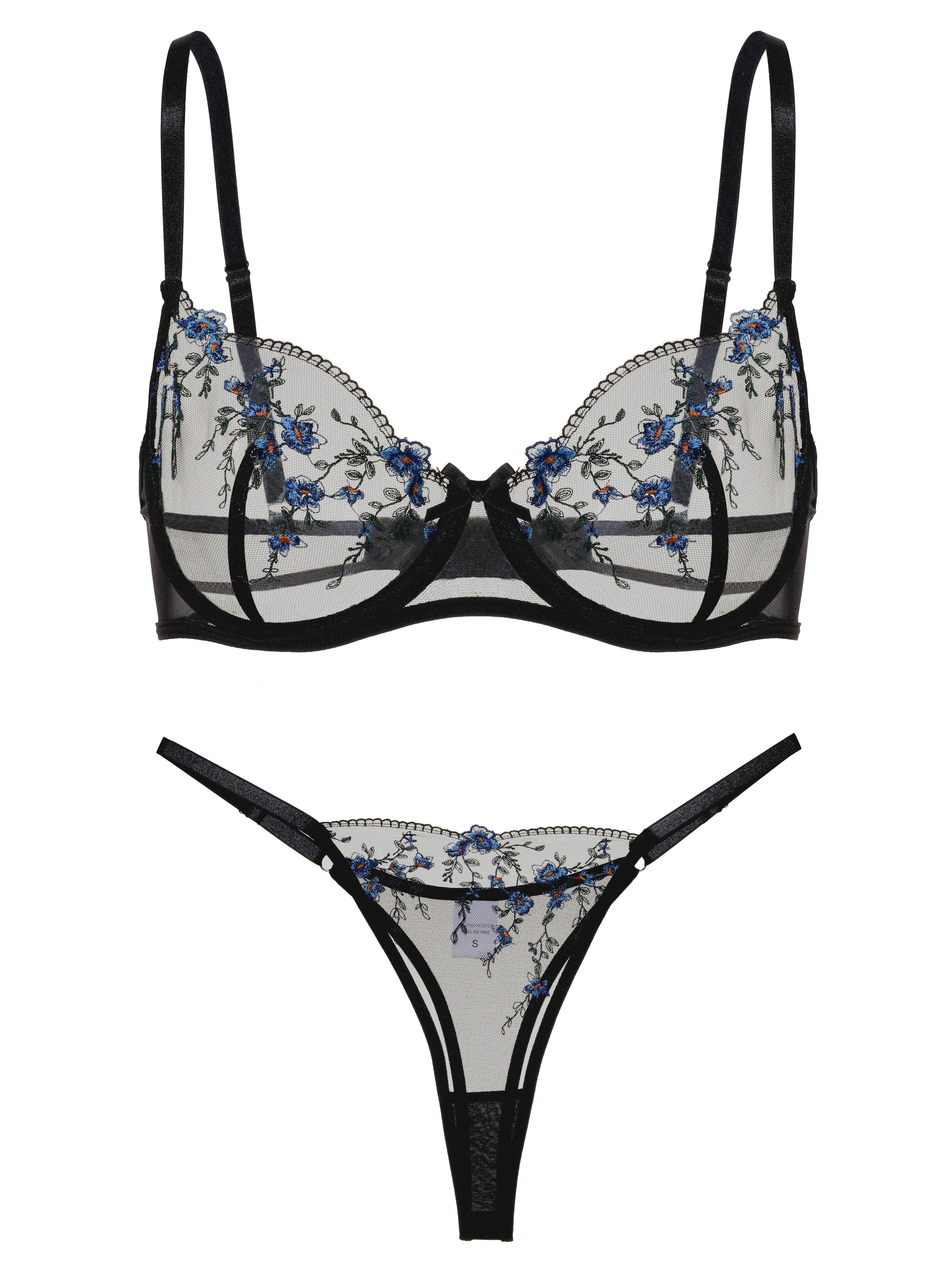 Elegant Love Set: Push-up-BH Sexy Dessous Set, Bestickter BH & Tüll-Tanga (Set, 2-tlg., mit String) Reizwäsche, Unterwäsche, Lingerie