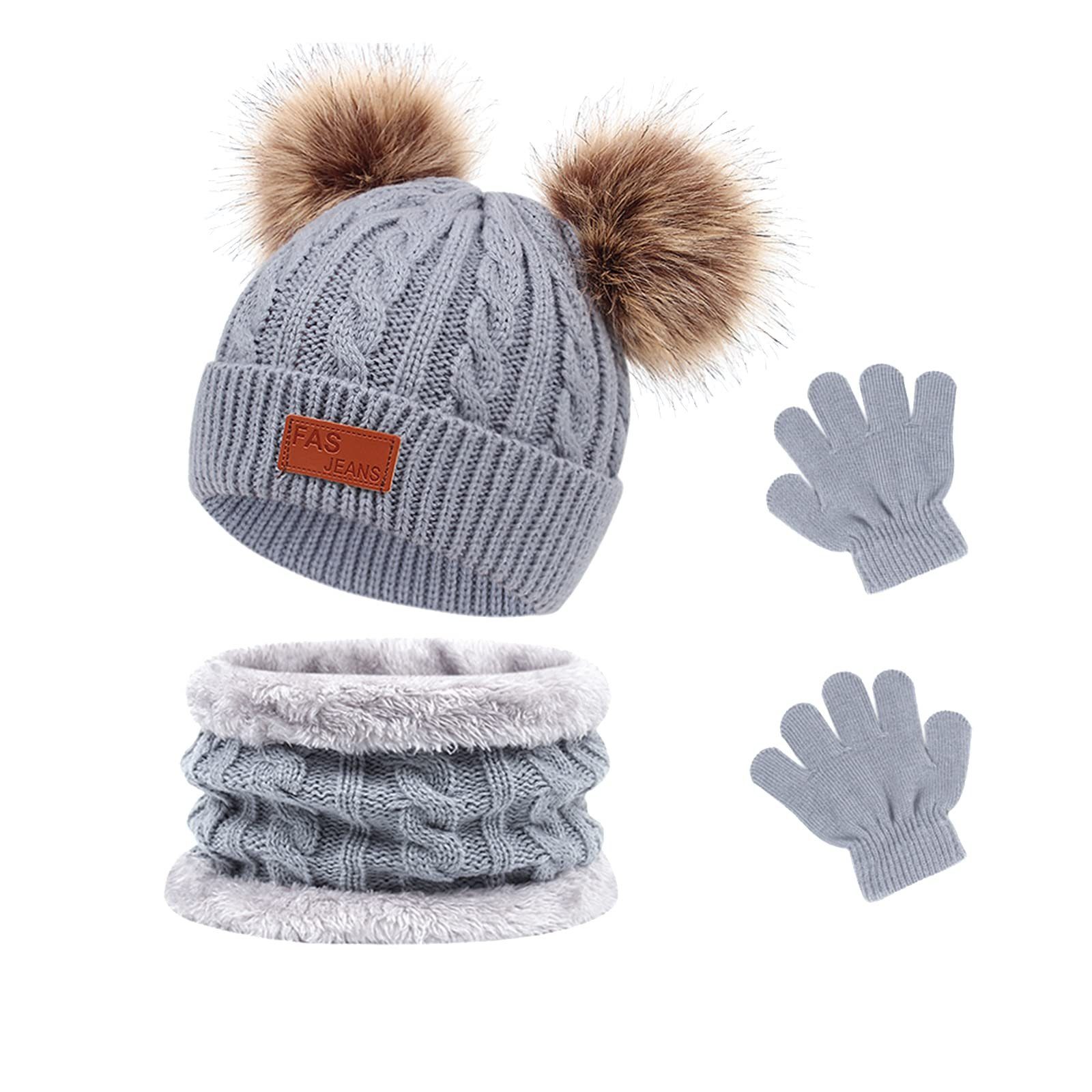 POCHUMIDUU Strickmütze Kinder-Wintermütze-Schal-Handschuh-Set (1-St., mit Fleece Futter und Fell Bobbl) für Kinder-Jungen-Mädchen 1-5 Jahre grau