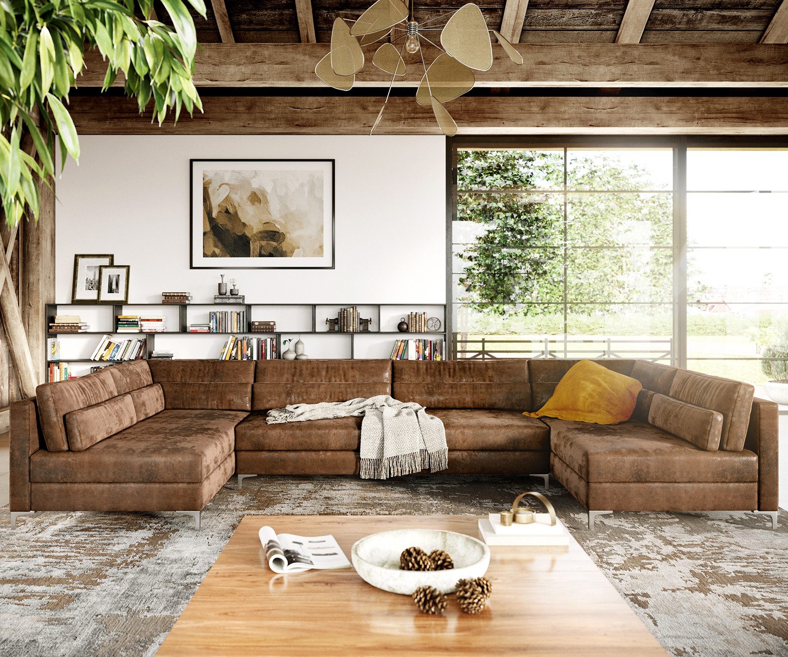 DELIFE Wohnlandschaft Elio, Lederimitat Vintage Braun Antik 400x185 cm XL Wohnlandschaft