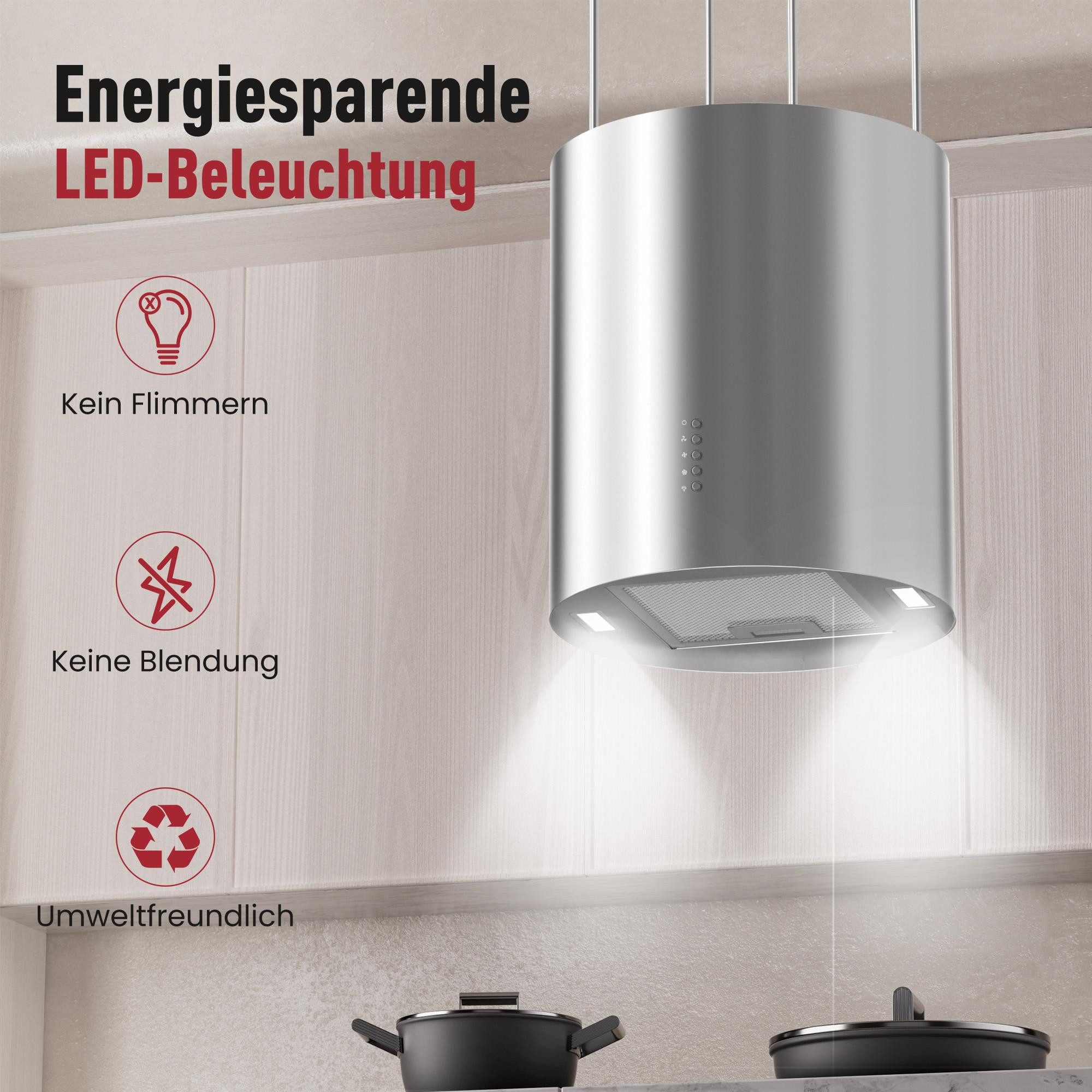 Levivo Inselhaube A+ Dunstabzugshaube Umluft Freihängend mit 530 m³/h Luftleistung Aktivkohlefiltern, Fettfiltern, LED-Beleuchtung – Bild 4 von 5