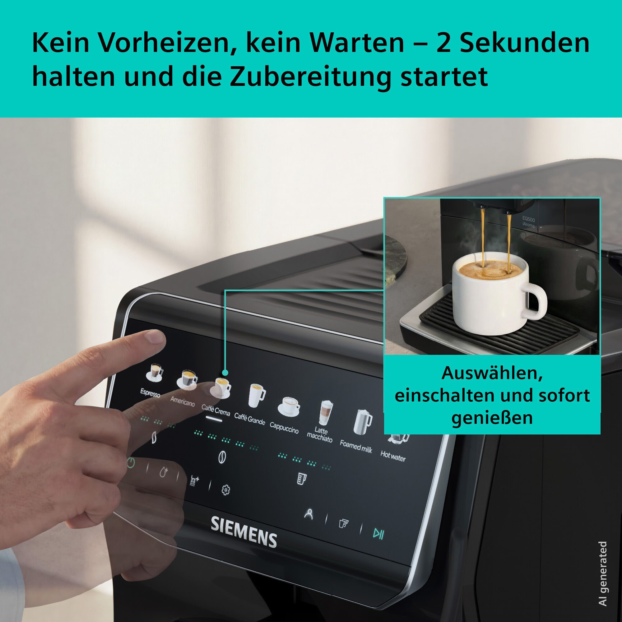 SIEMENS Kaffeevollautomat EQ500 TP553E09, Doppeltassenfunktion, 8 Getränke, einfache Reinigung, Keramikmahlwerk, entnehmbare Brüheinheit, Steuerung per App, Schwarz