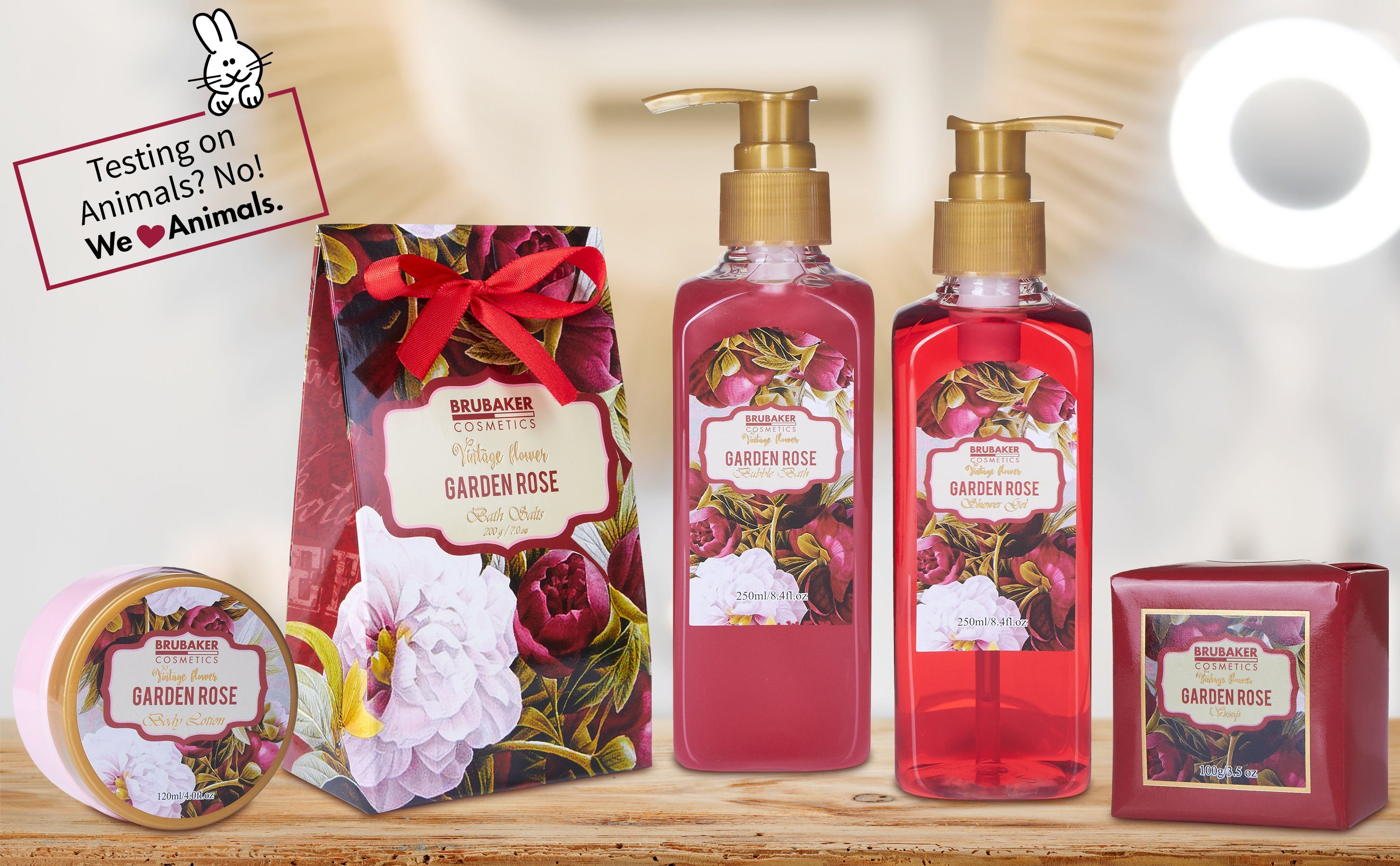 BRUBAKER Pflege-Geschenkset Bade- und Dusch Set, 7-tlg., Geschenkset mit Massage-Acryl, Rosen- und Veilchen Duft