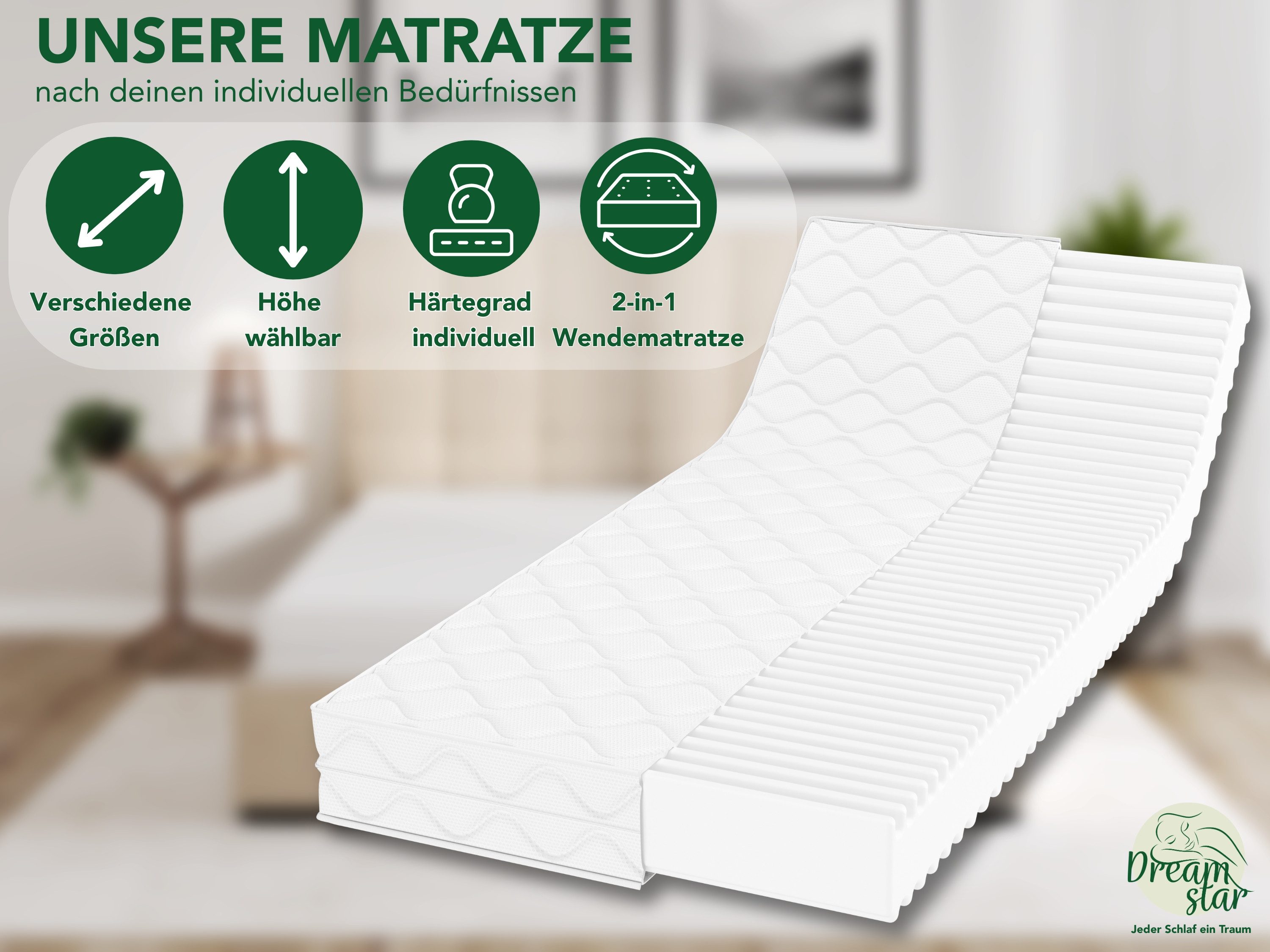 Kaltschaummatratze Ergo Flex, zwei unterschiedlich feste Liegeseiten (H2/H3 oder H3/H4), Dreamstar, ergonomische 7-Zonen Wendematratze