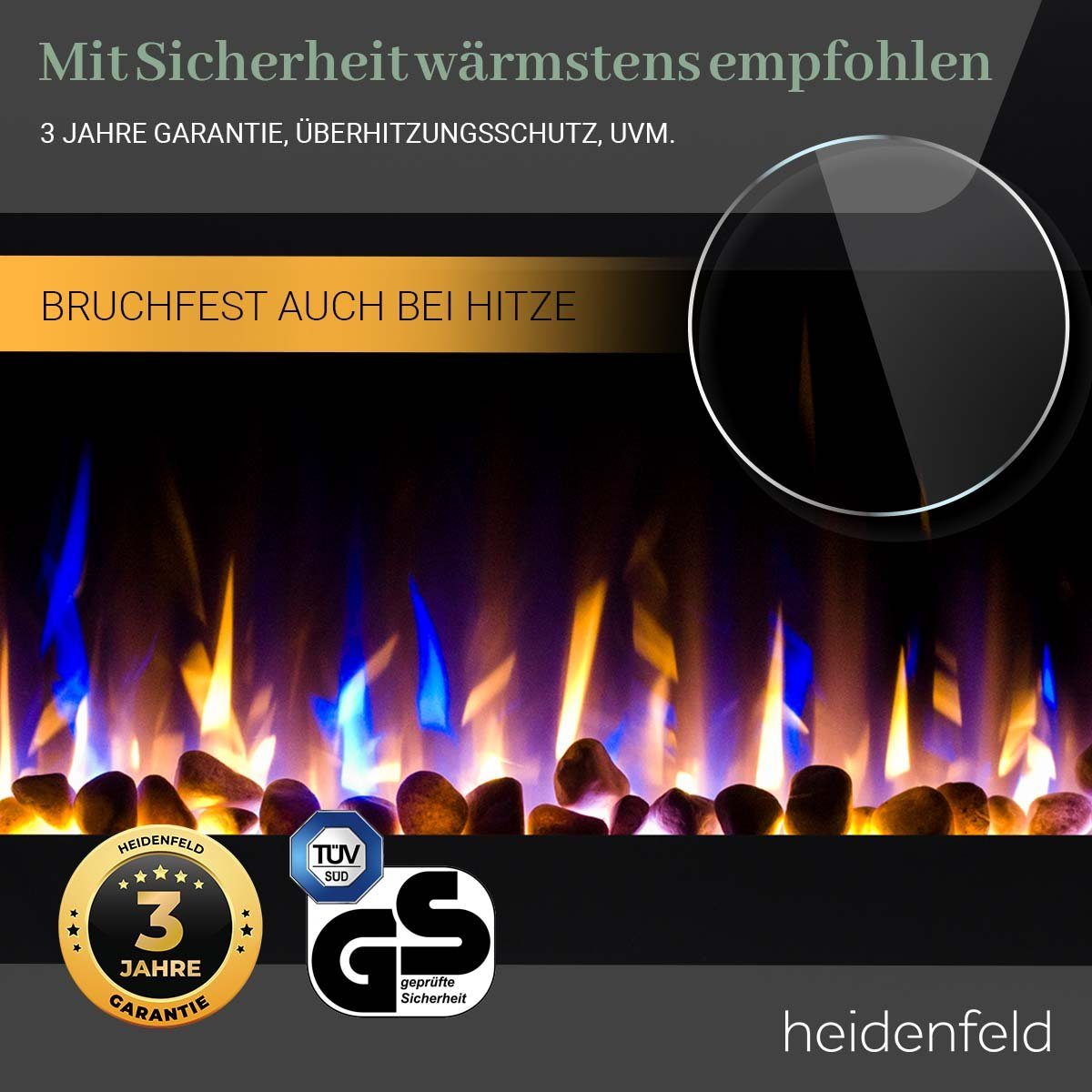 Heidenfeld Watt - J. inkl. Bluetooth Fernbedienung 3 750/1500 Wandkamin Lautsprecher Elektrokamin Heizung Garantie HF-WK500 3D Kamin Elektroheizung Flammen LED, - -