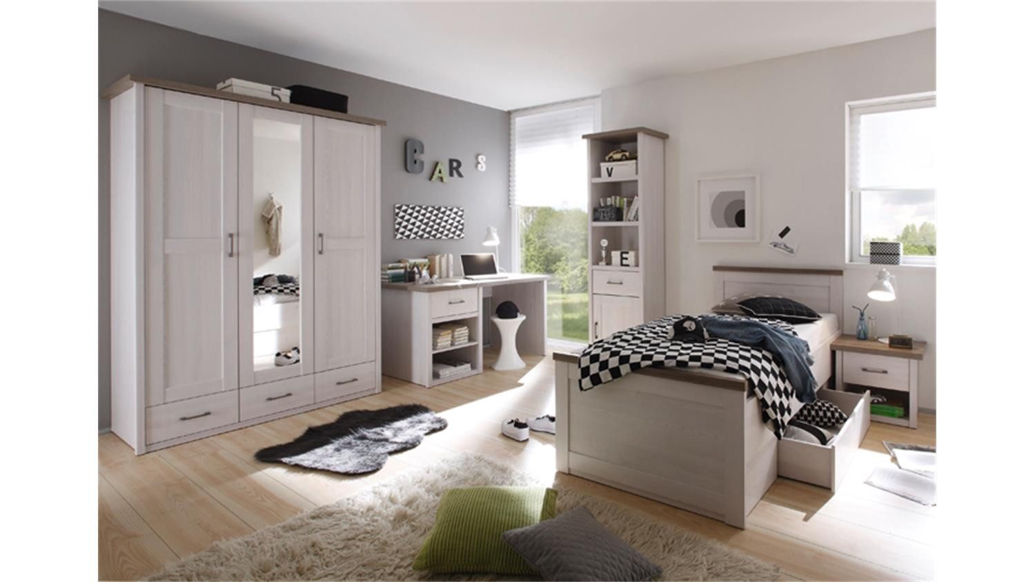 Bega Consult Jugendzimmer-Set Jugendzimmer Luca 5 teilig Pinie weiß und Trüffel, (5-tlg)