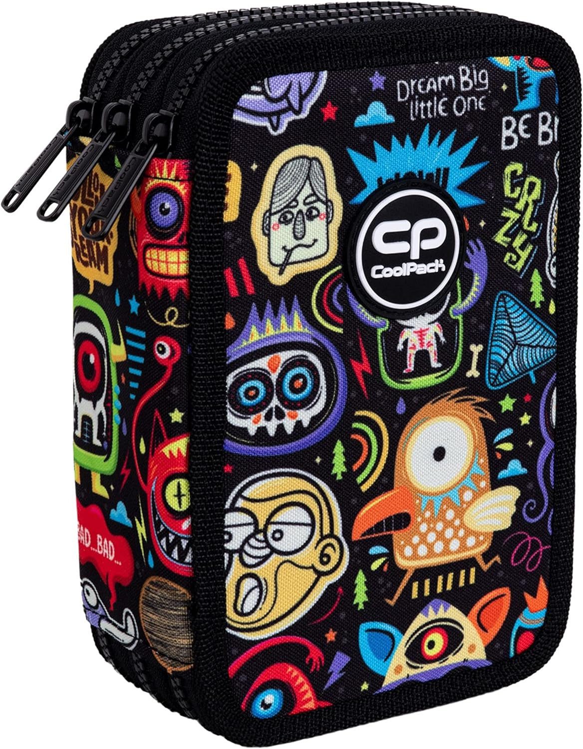 GOLDKIDS Federmäppchen Federtasche 3-fache Federmappe Scary Stickers, (46-teilig gefüllte Schüleretui Stifte, 1-tlg., und Pinsel inkl. Aufgabenheft Federbox Etui), Stiftetasche Schlamper-Etui Schul-Etui