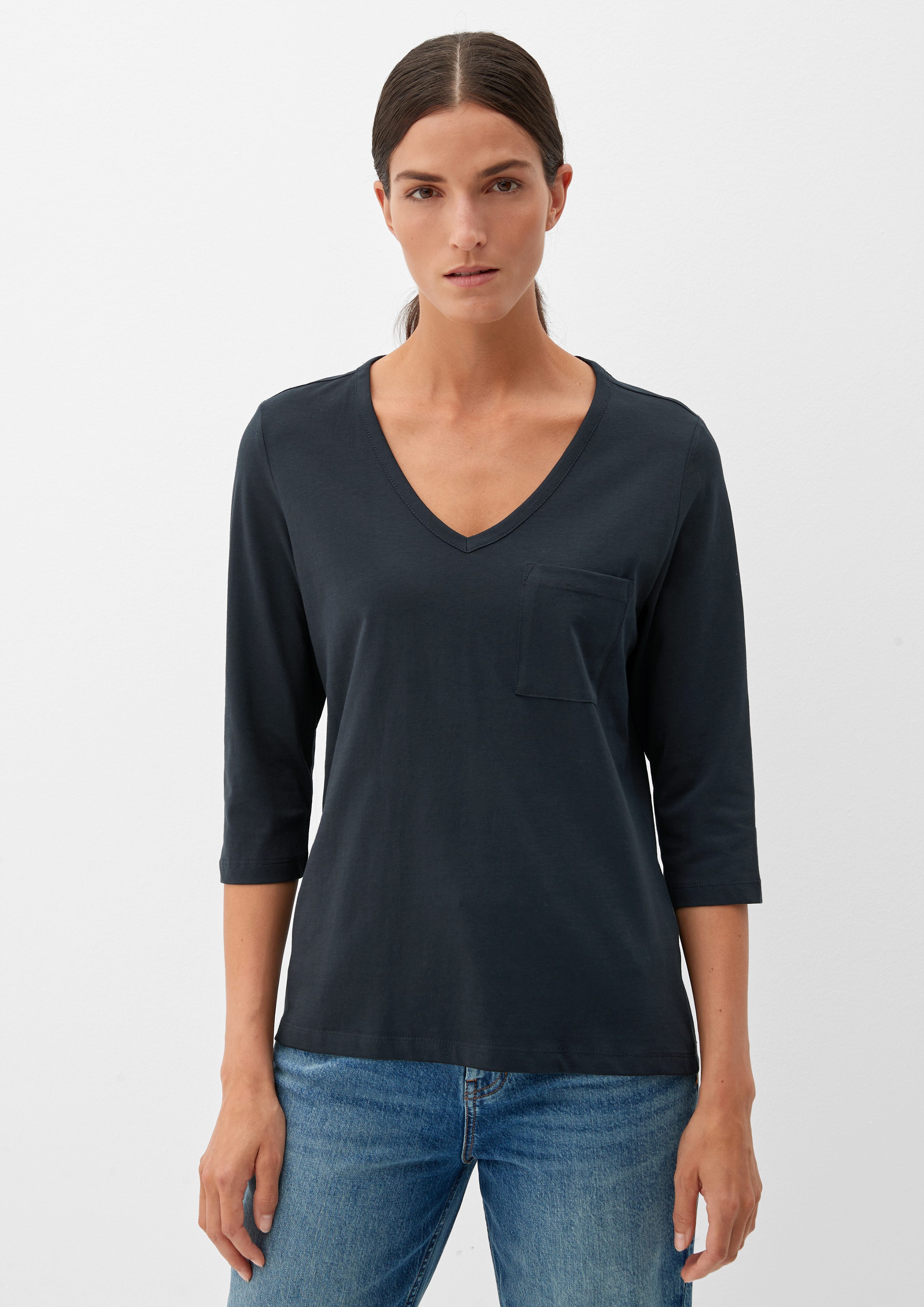 s.Oliver 3/4-Arm-Shirt V-Neck-Shirt mit Brusttasche navy