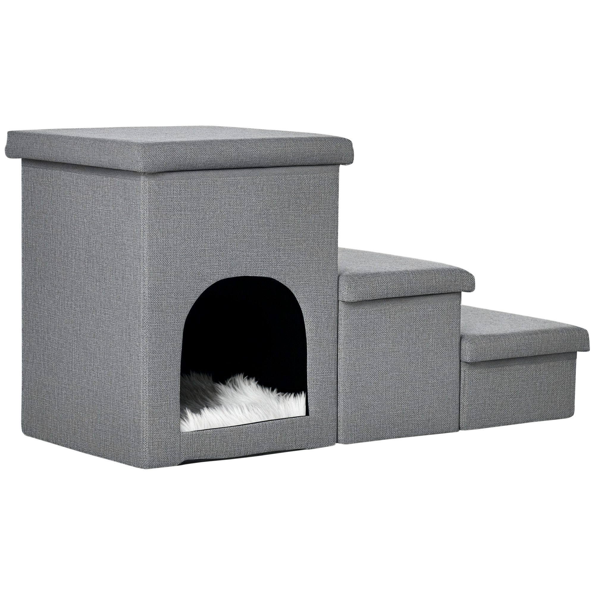 PawHut Haustiertreppe 3 Stufige Katzentreppe Hundetreppe mit Höhle (Haustierleiter, 1-St., Tiertreppe), Leinen, Hellgrau 73,5 x 33 x 40,5 cm