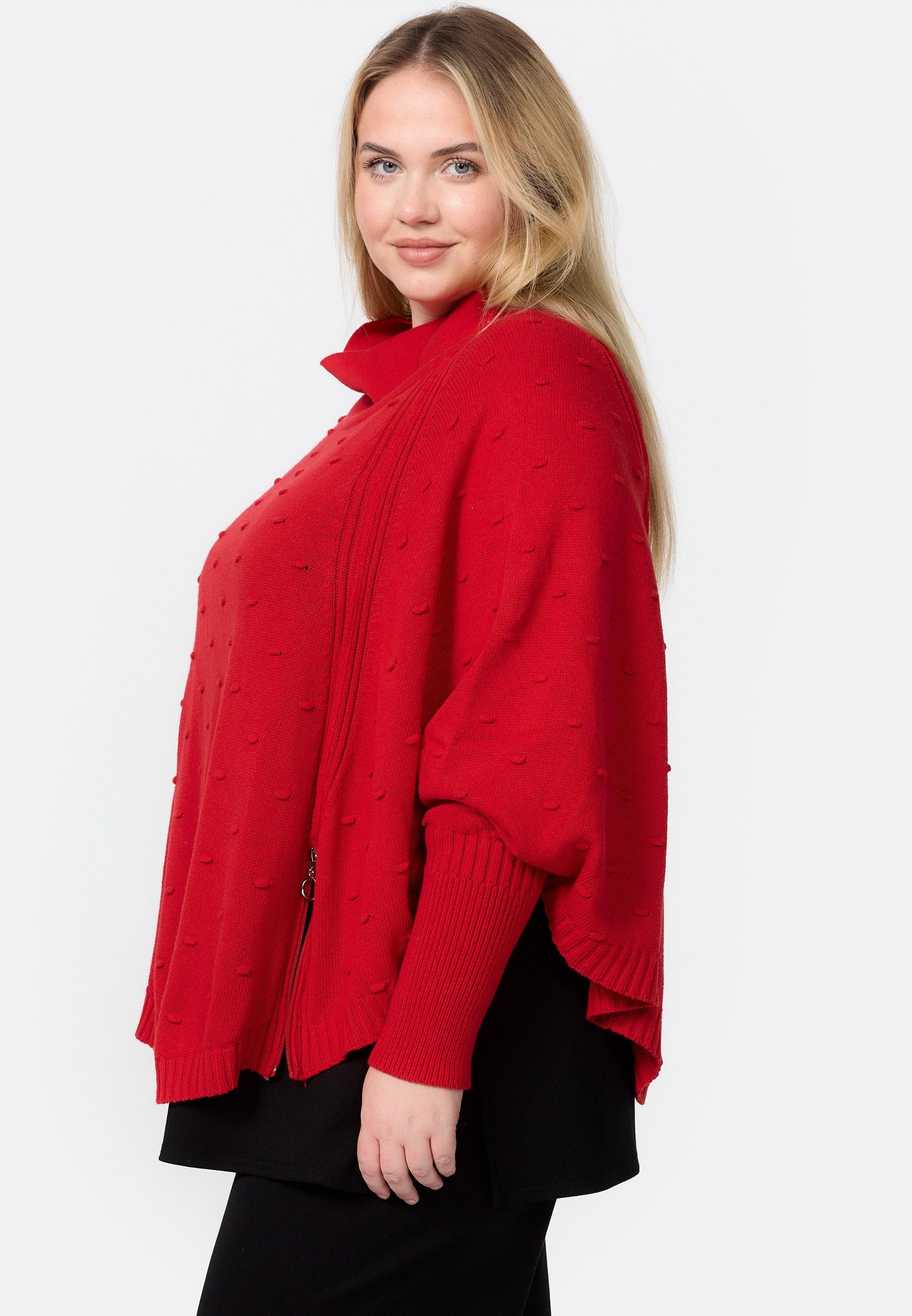 Kekoo Strickpullover Rot Feinstrick Strickponcho Baumwolle 100% mit Stehkragen 'Pure' aus