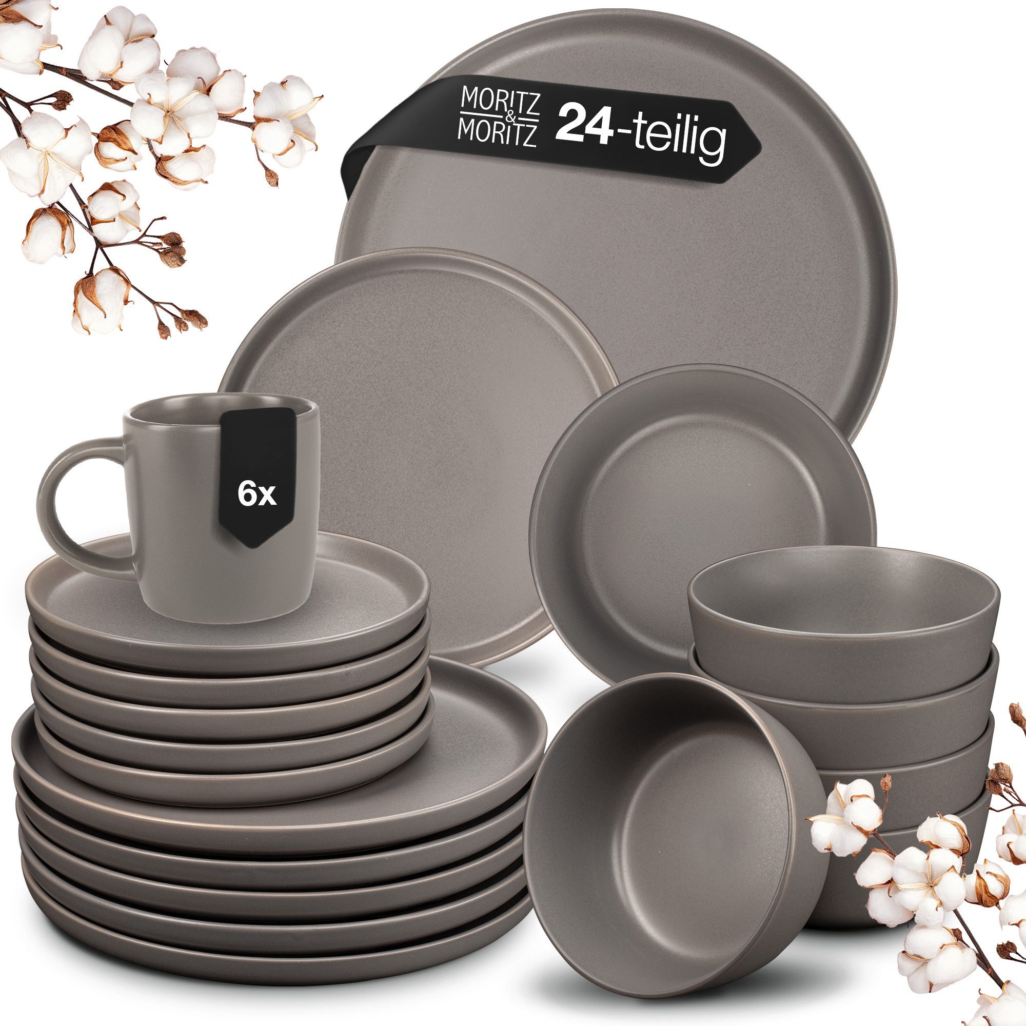 Moritz & Moritz Столовый сервиз NORDIC 24tlg Geschirrset Grau mit Tassen (24-tlg), 6 Personen, Steinzeug, Kombigeschirr für 6 Personen