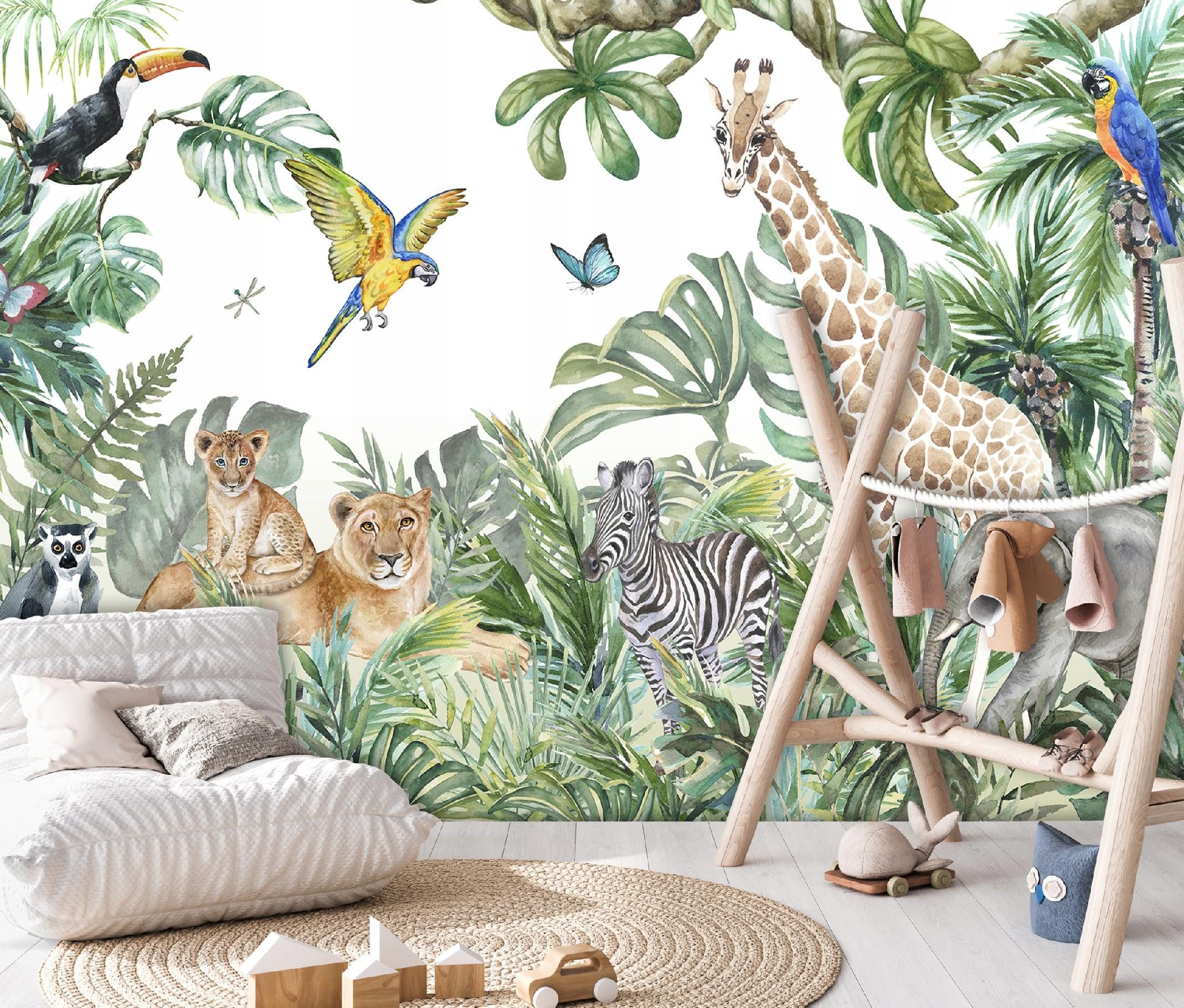 Wallarena Fototapete Kinder Vlies Tiere Dschungel Blätter Grün Kinderzimmer 300x210 cm, glatt, 300 x 210 cm