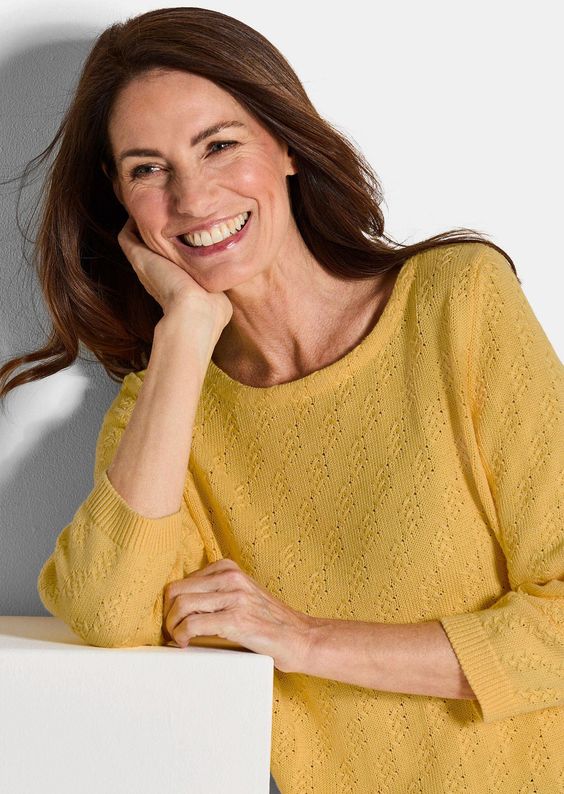 GOLDNER Strickpullover Halbarm Baumwollpullover mit Struktur Elegantes Strickoberteil mit U-Boot-Ausschnitt und 3/4-Ärmel