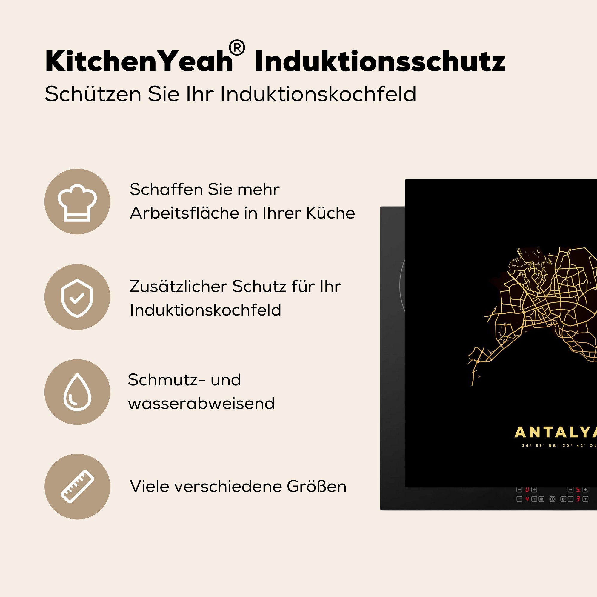 (1 Vinyl, Ceranfeldabdeckung, MuchoWow tlg), 78x78 - Karte küche Herdblende-/Abdeckplatte Arbeitsplatte Gold, - Antalya - für Türkei cm,