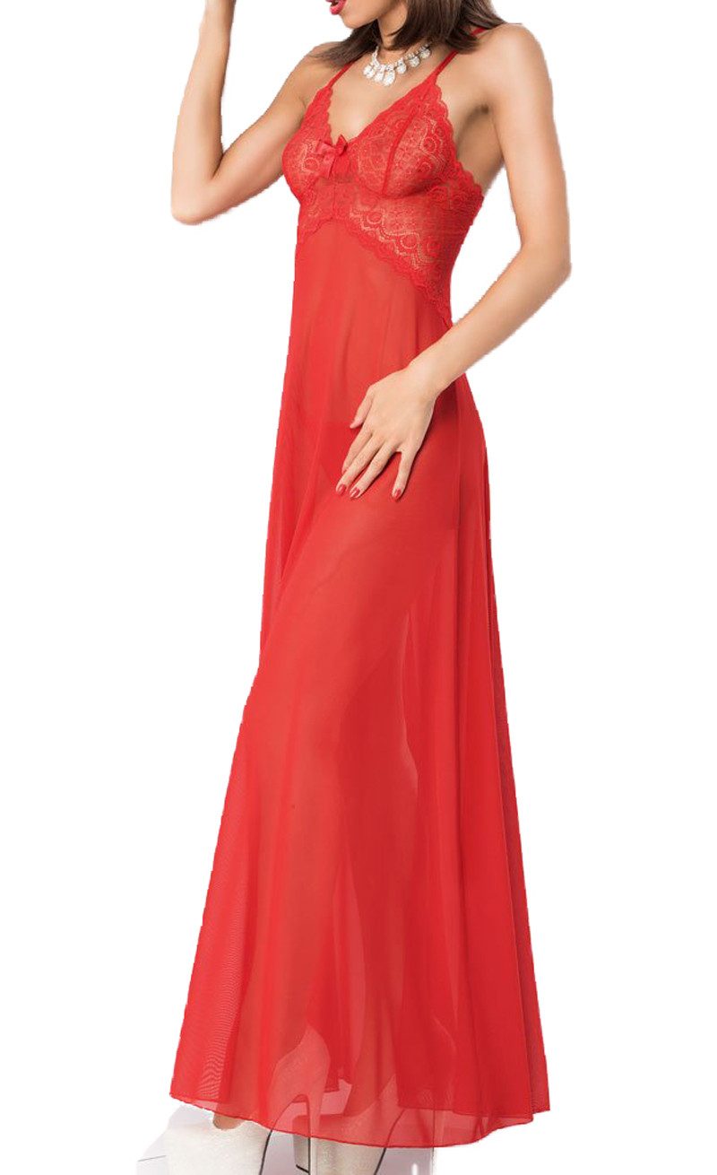 Negligé Langes Babydoll mit Spitze in rot transparent mit Rückenschlitz inkl S