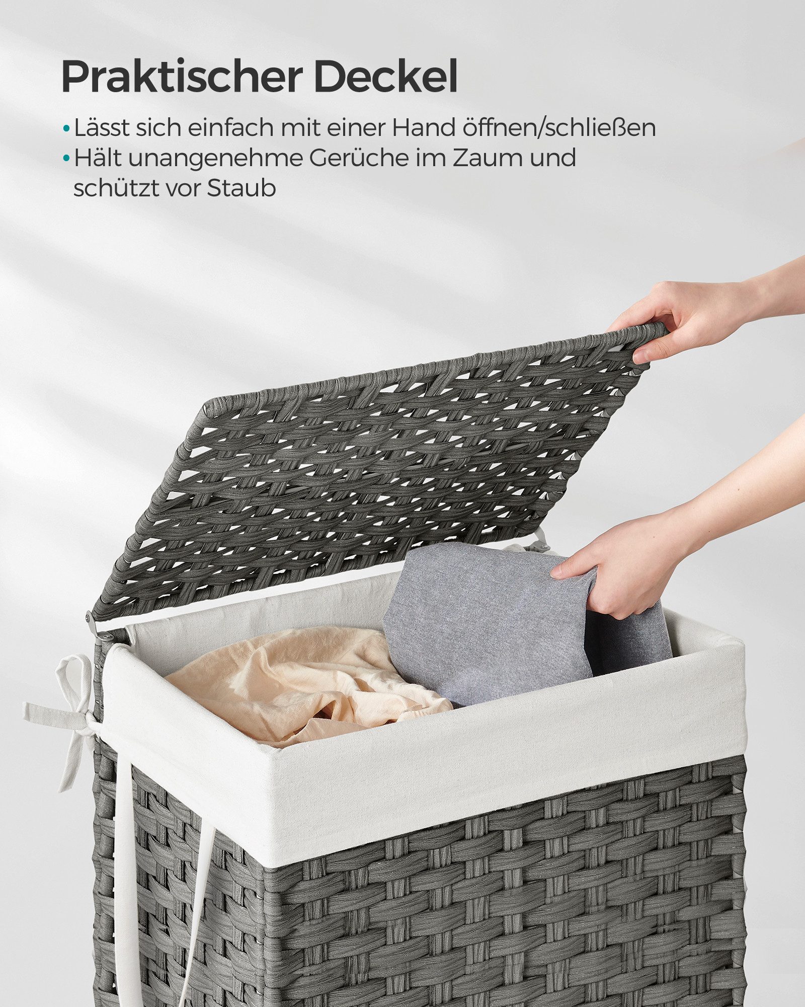 SONGMICS Wäschekorb Wäschebox aus synthetischem Rattan, herausnehmbarer Wäschesack, 90 Liter, handgeflochten, mit Deckel und Griffen, faltbar, 46x33x60 cm