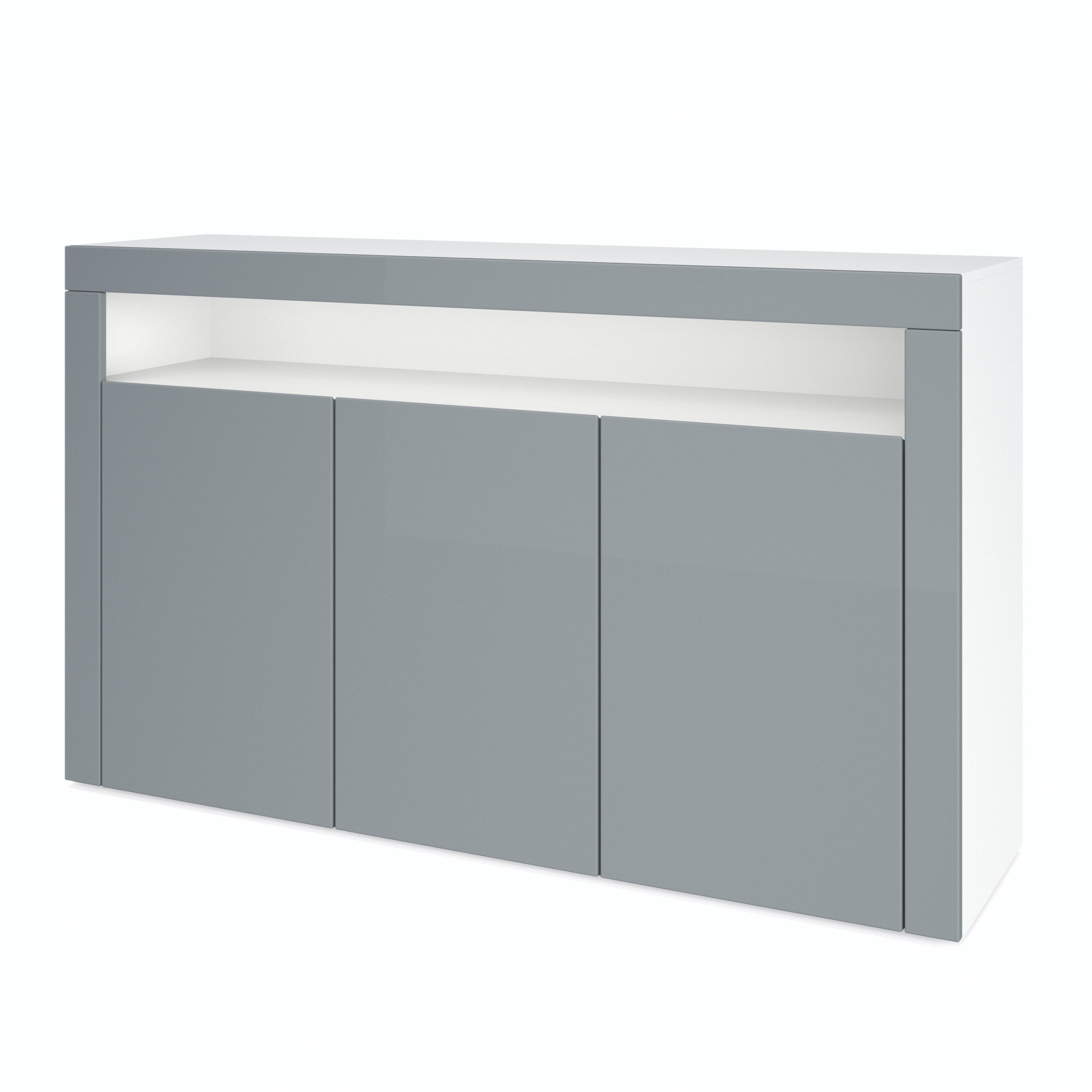 Vladon Sideboard Valencia (Sideboard, mit 3 Türen und 1 offenem Fach), Weiß matt/Grau Hochglanz/Grau Hochglanz (155 x 92 x 40 cm)