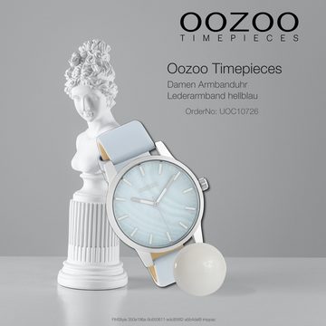 OOZOO Quarzuhr Oozoo Damen Armbanduhr Timepieces Analog, (Analoguhr), Damenuhr rund, groß (ca. 42mm) Lederarmband hellblau