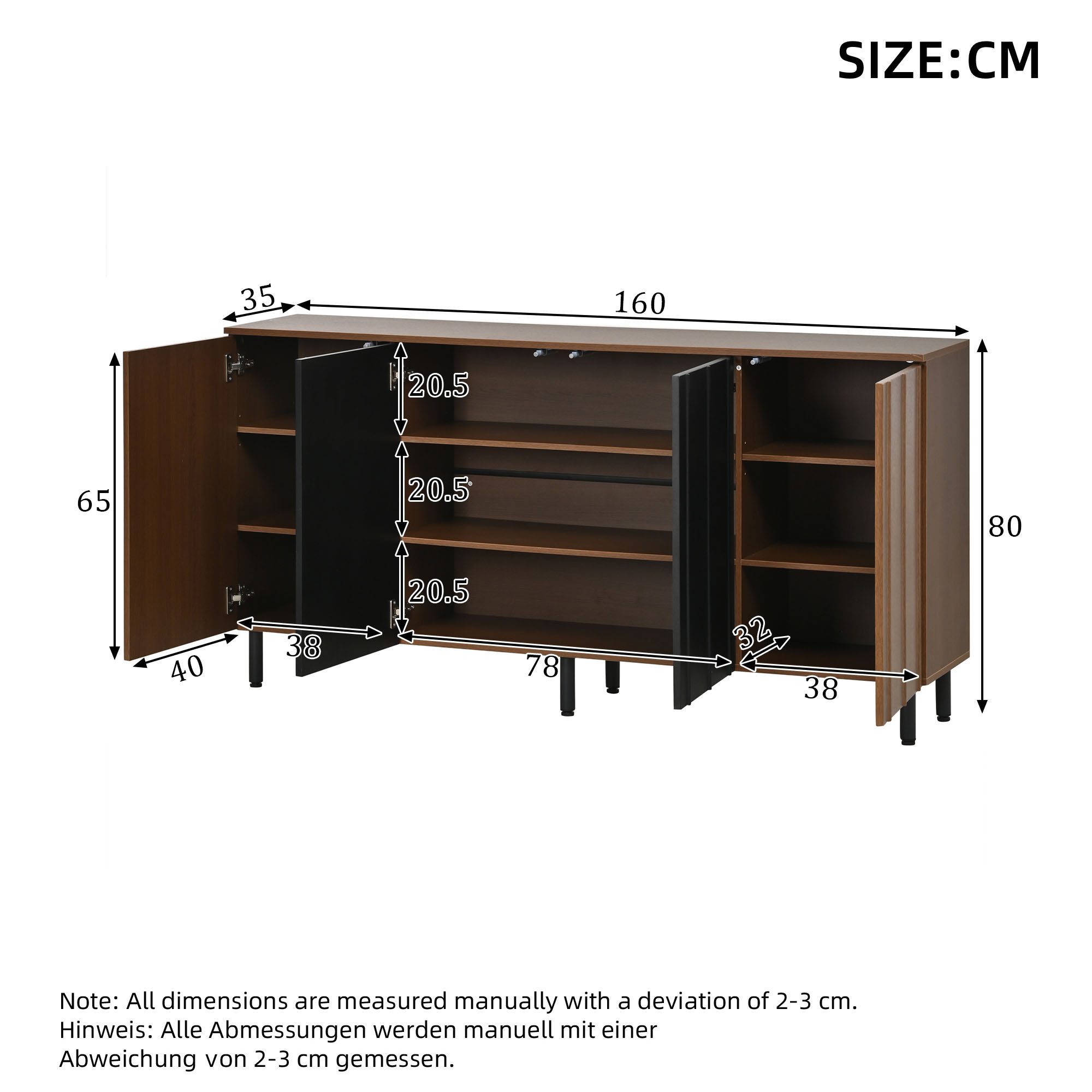 Merax Sideboard in Nussbaum Optik mit schwarzen Akzenten (1 St., Aufbewahrungsschrank Küchenbuffet 160x35x80 cm), Kommode mit 4 Türen, verstellbaren Regalböden  – Bild 5 von 5