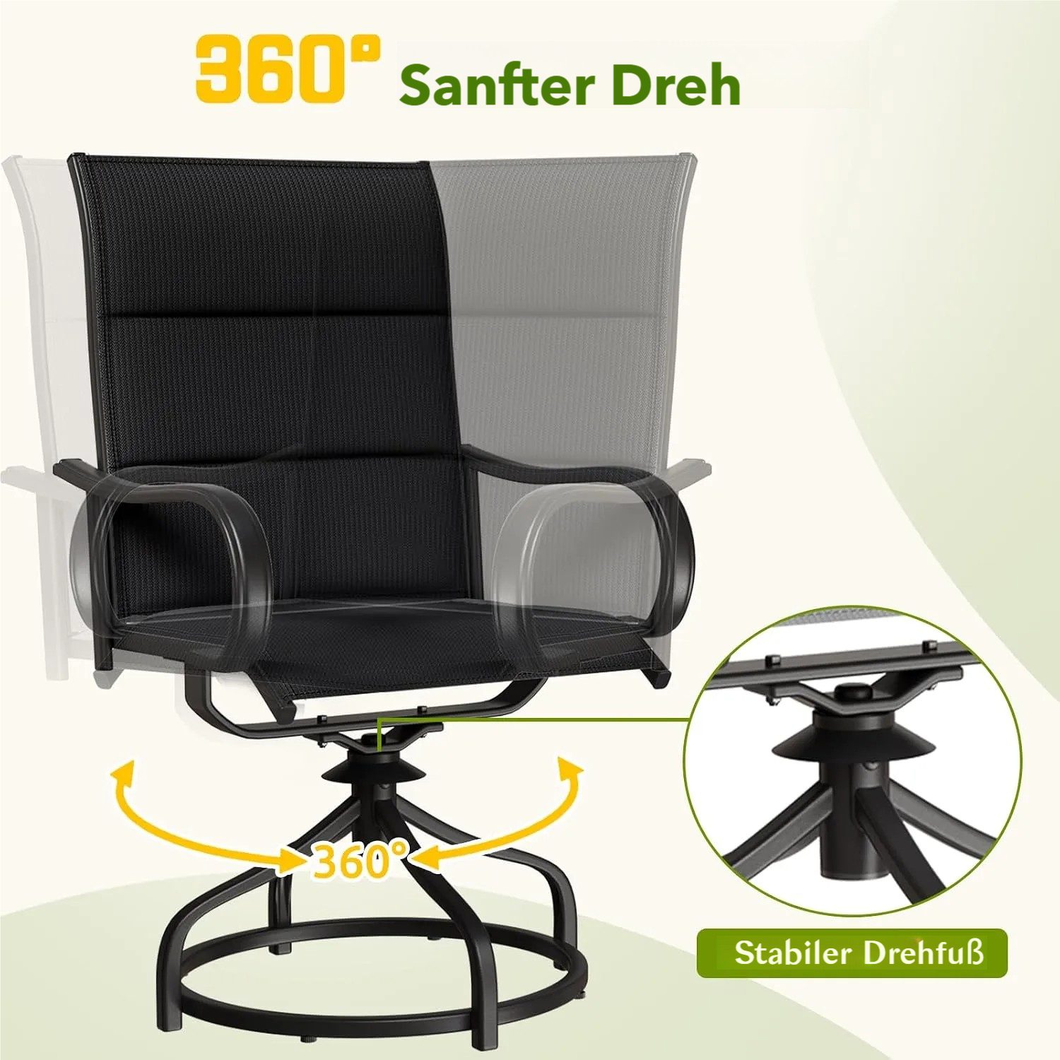 TLGREEN Gartenstuhl hochlehner 2er Set,360° drehbar, Drehstühle Wetterfeste, (Gesteppte Rückenlehne & Sitzfläche, bis 150 kg belastbar, 2 St), Für Terrasse Gart – Bild 4 von 5