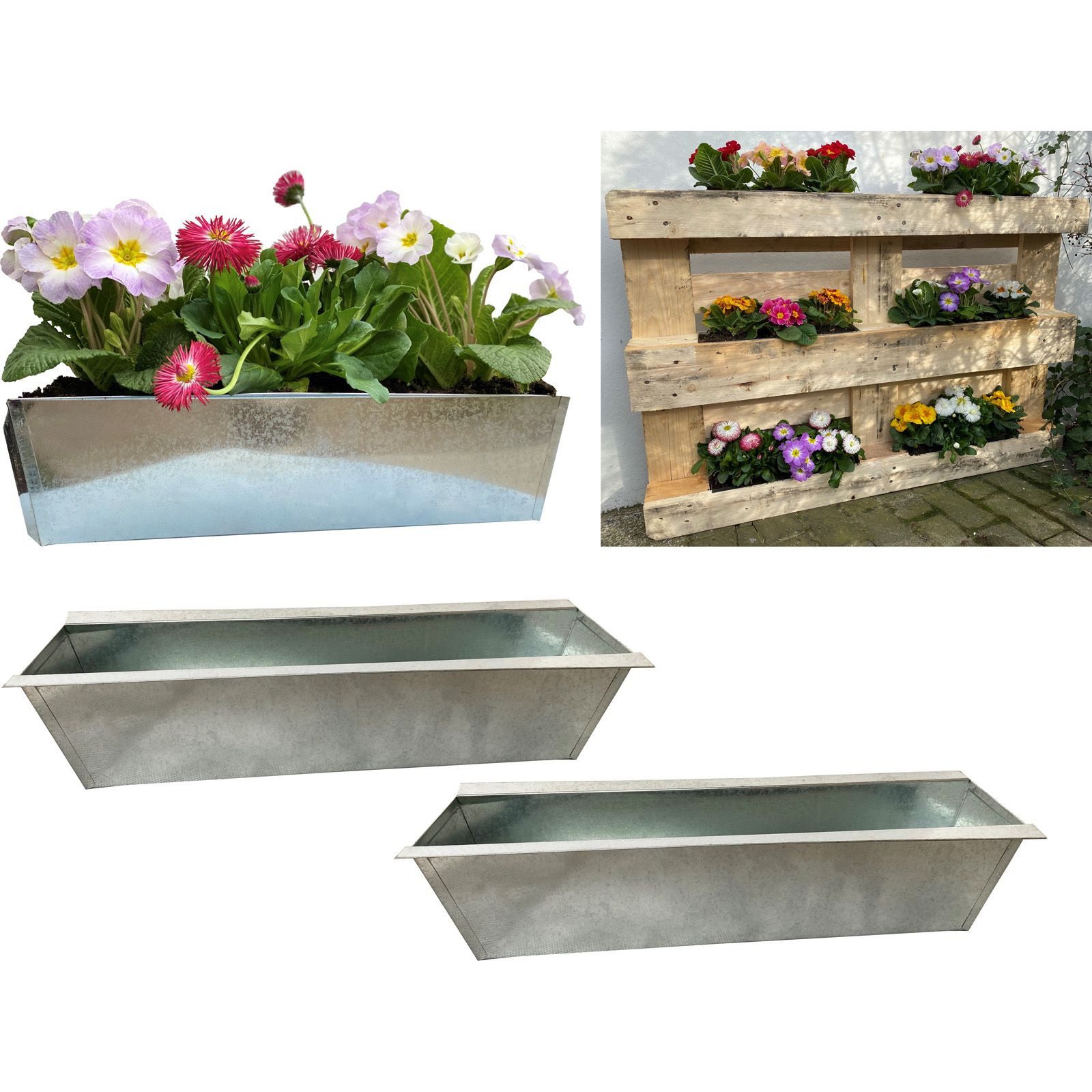 Hossi's Wholesale Blumenkasten 2er Set Zink Paletten Blumenkästen - Einsatz 38cm groß Silber Metall