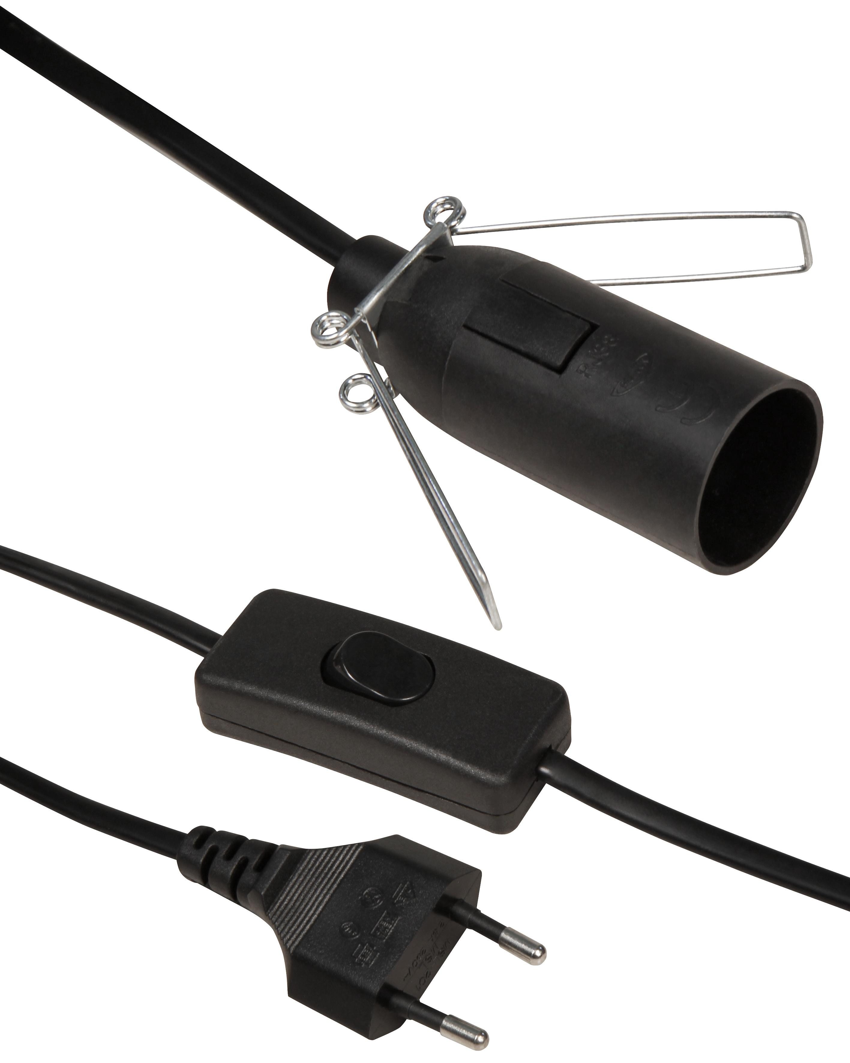 Lampenfassung Euro-Netzkabel mit Schnurschalter und E14 Fassung, 3,5m, schwarz