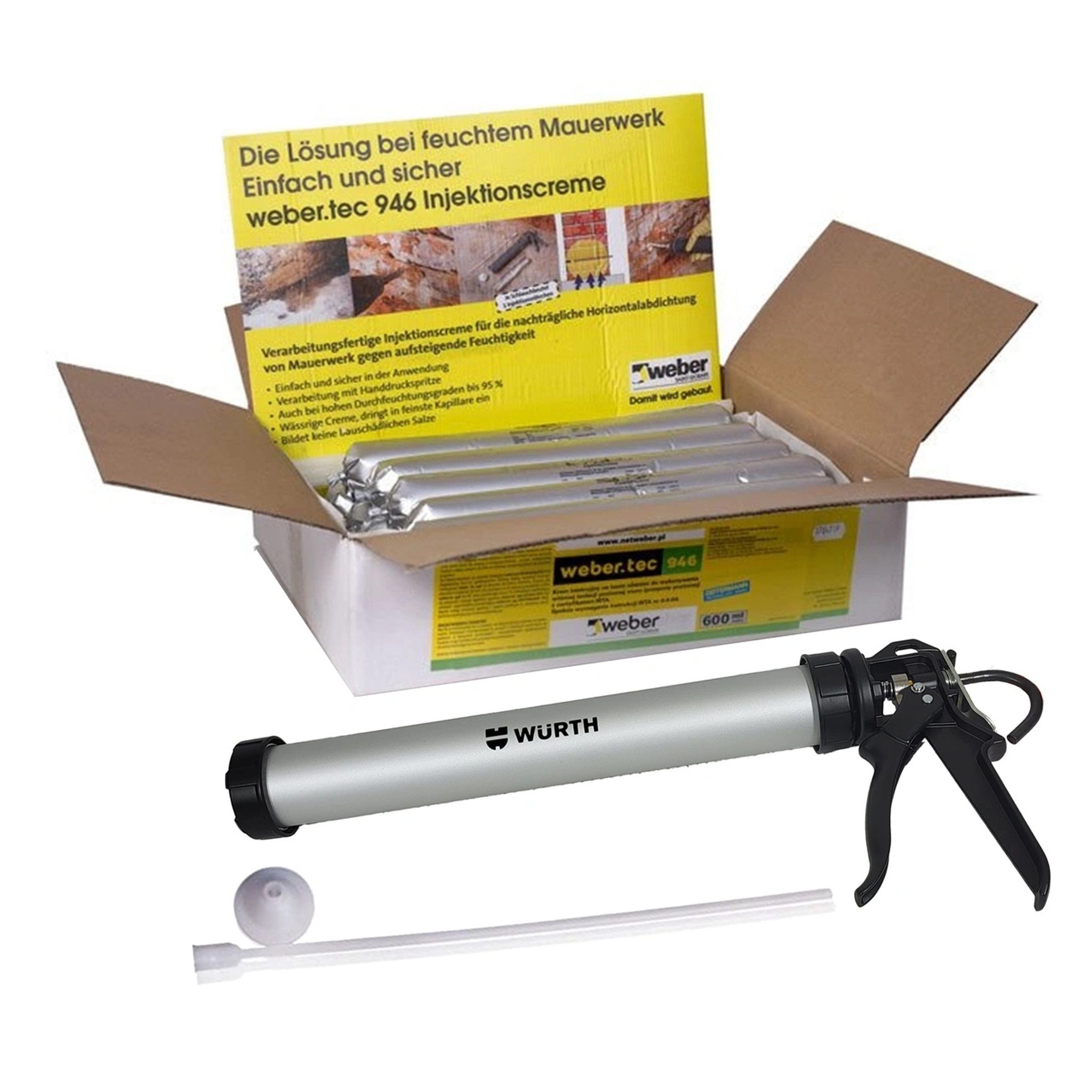 Saint Gobain Weber Isoliergrundierung Weber.tec 946 Set 12x 600ml Injektionscreme Horizontalsperre + Pumpe, 12-tlg.