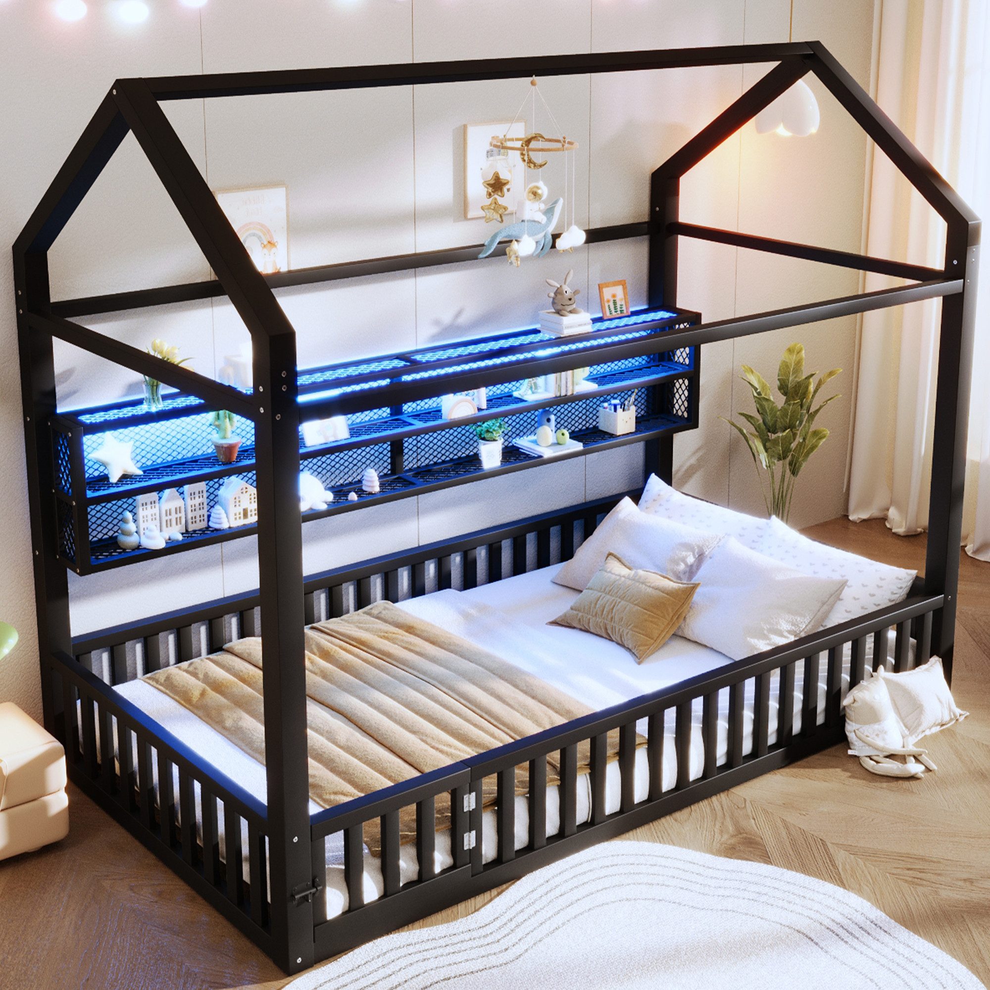 Ulife Kinderbett Hausförmiges Plattformbett mit Zaun und LED-Beleuchtung (1-tlg., Ohne Matratze), Hausbett Metallbett 90x200cm