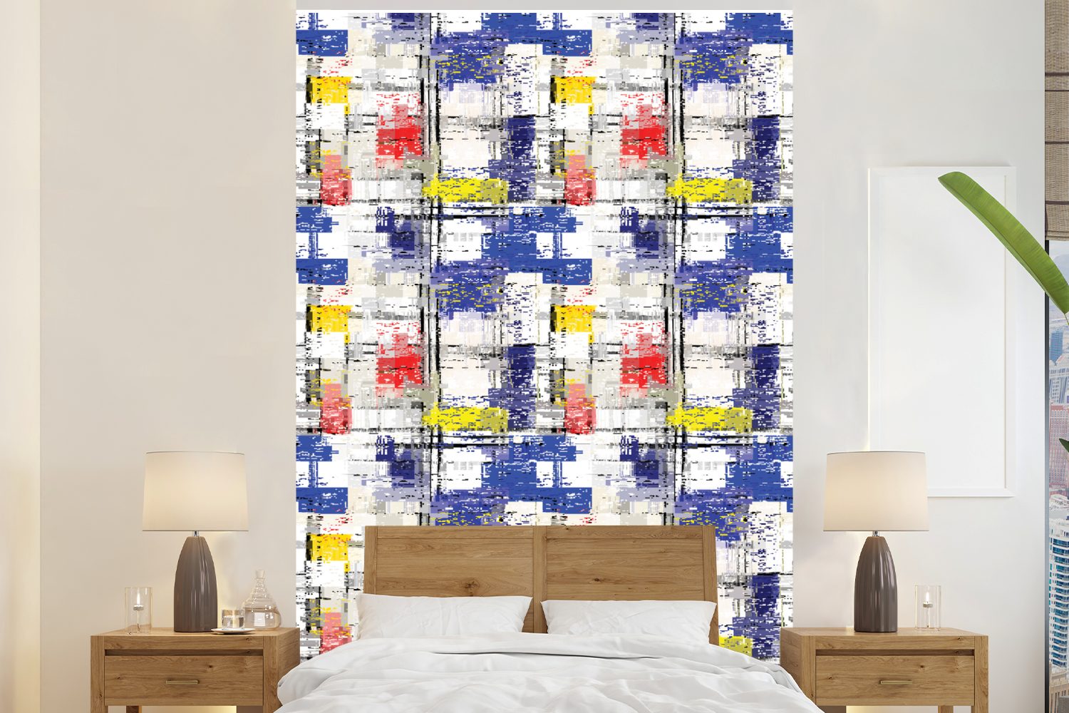 MuchoWow Fototapete Mondrian bedruckt, Blau Wandtapete Weiß, - Vinyl - (3 St), - Wohnzimmer, Montagefertig Rot Gelb Matt, Tapete - für