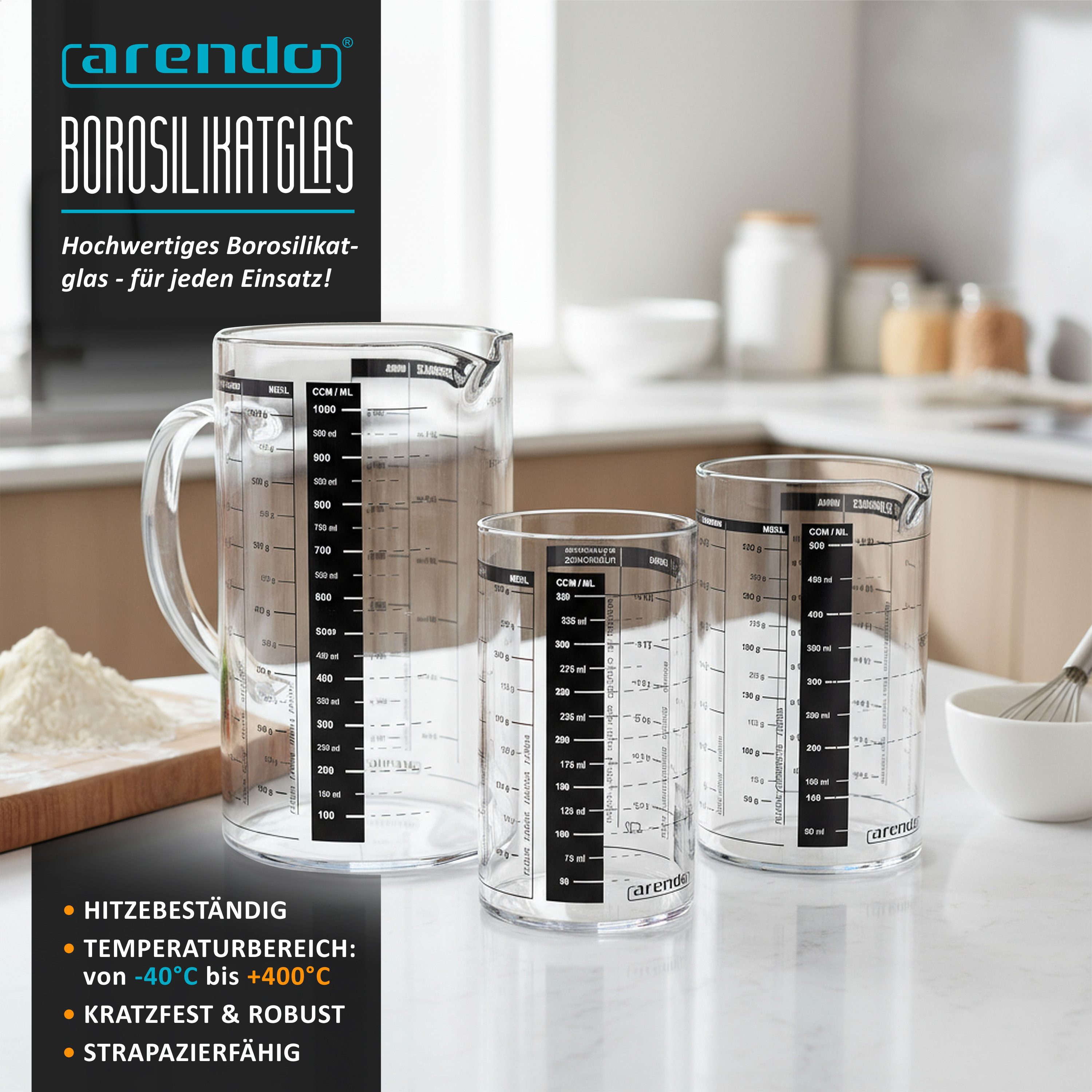 Arendo Messbecher 350ml, 500 ml & 1000 ml Glas Messkrug Set, ineinander stapelbar, Glas, (Set, 3-St., 3x Borosilikat Rührbecher: 0,35 L / 0,5 L / 1 L), Küchenbehälter 8teilige Skalierung für Mehl Zucker Gewürze Süßigkeiten