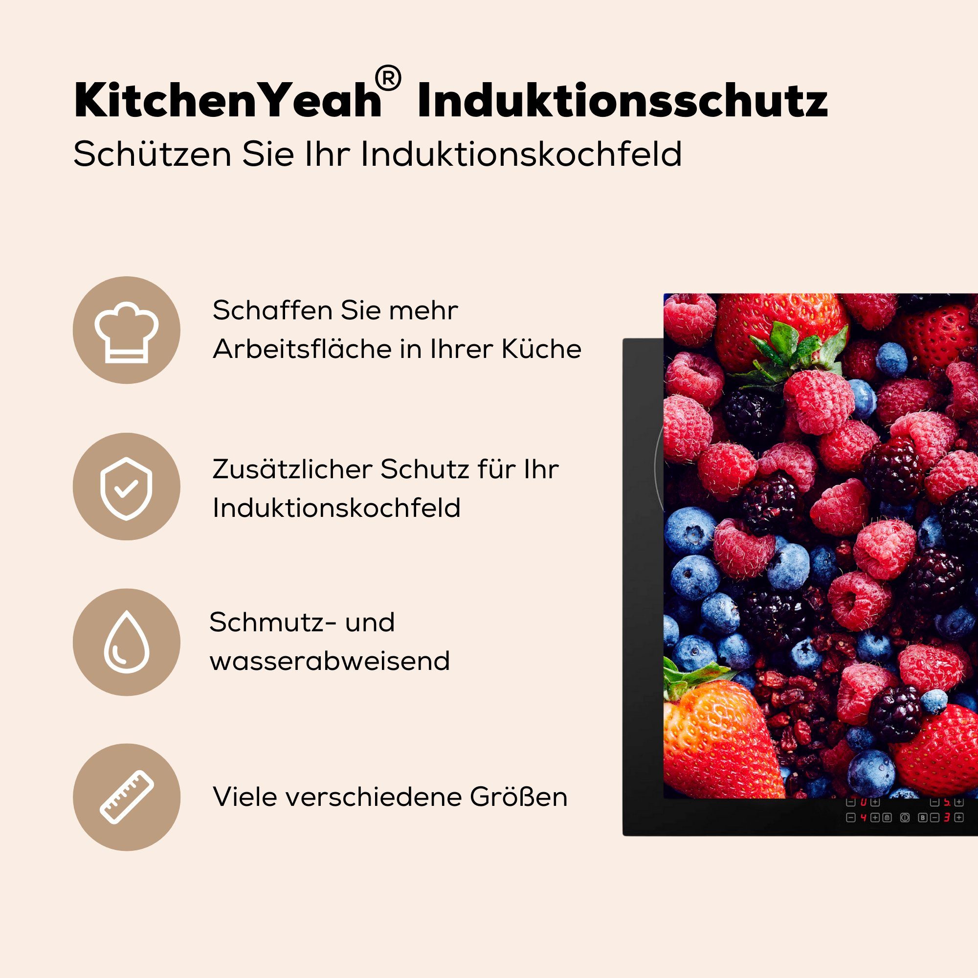 Vinyl, (1 tlg), Obst cm, küche, 71x52 Mix, - Herdblende-/Abdeckplatte die Induktionskochfeld - für Schutz MuchoWow Ceranfeldabdeckung Rot