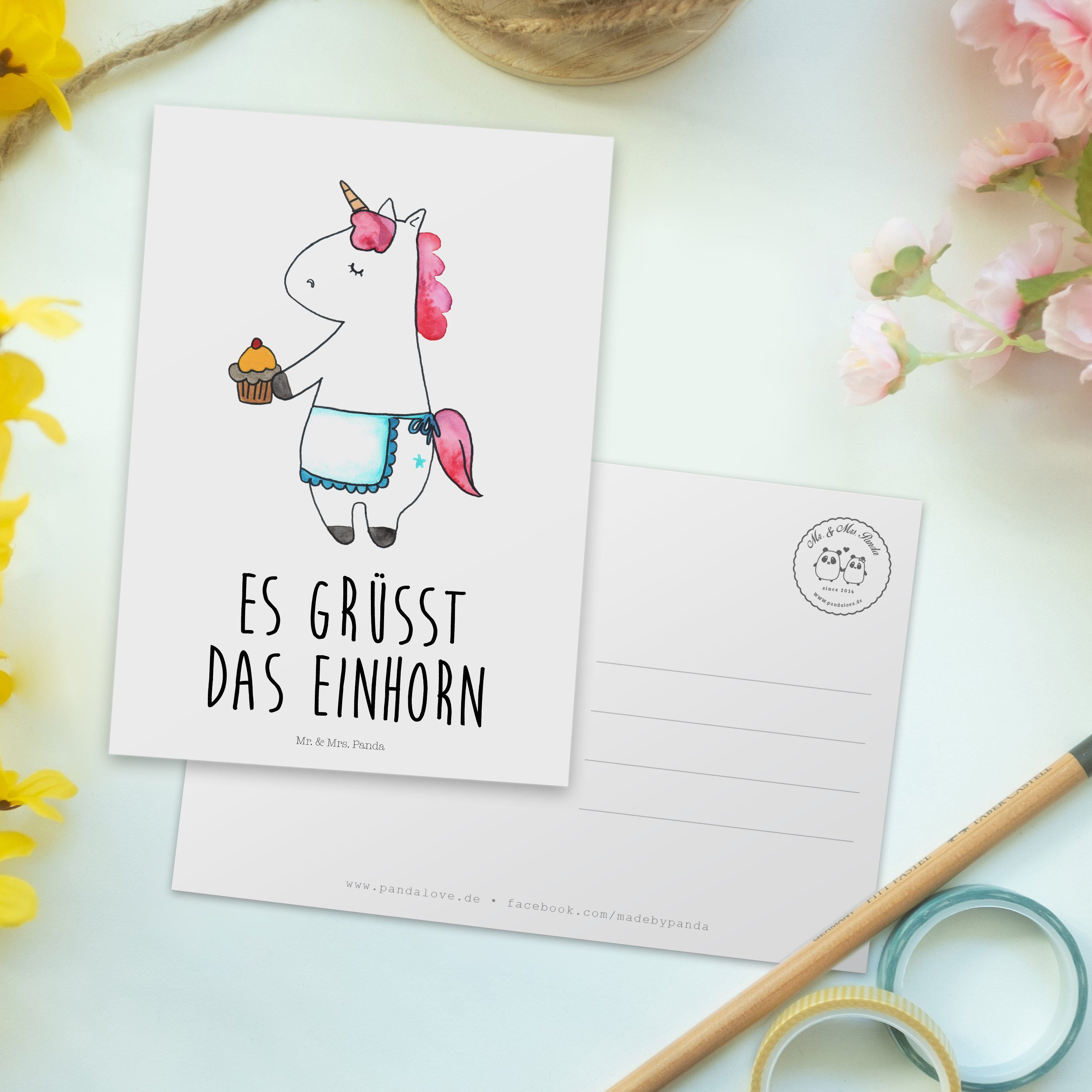 - Mr. & Einhörner, Geschenk, Postkarte Mrs. - Einhorn Panda Weiß Geburtstag Muffin Deko, Einhorn