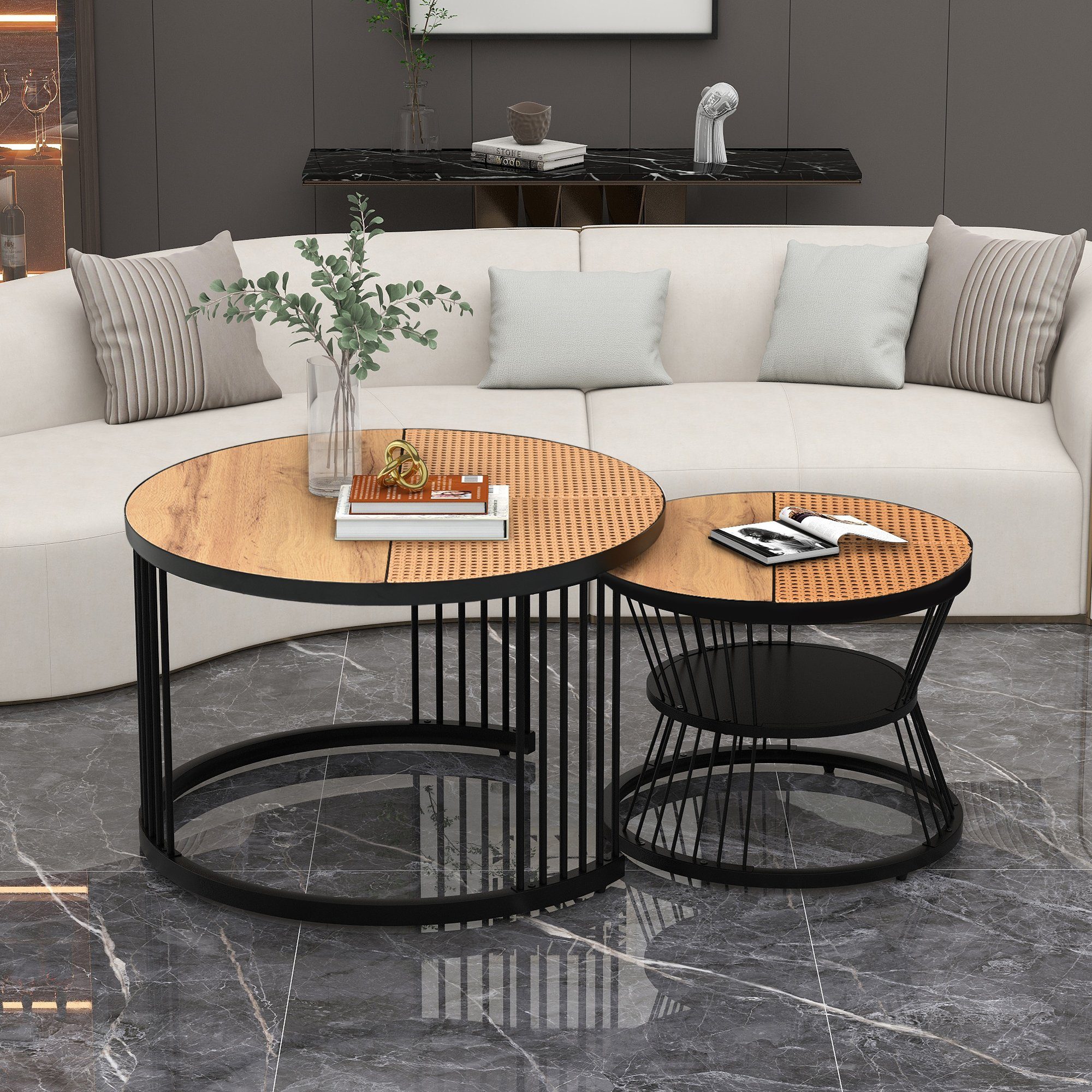 Couchtisch Sofa Schwarz Set, Seite Runde Satz Braun+Schwarz Beistelltisch Tischen OKWISH (Couchtisch Frame Farbe Satz von Furnier Endtische), 2, von Nest Marmor 2er und