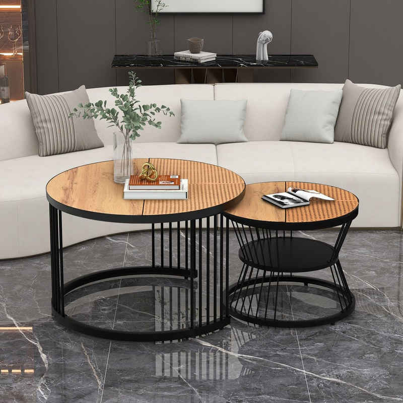 OKWISH Couchtisch und 2er Set, Beistelltisch (Couchtisch Satz Marmor Furnier Sofa Seite Nest von Tischen Runde Endtische), Satz von 2, Schwarz Farbe Frame