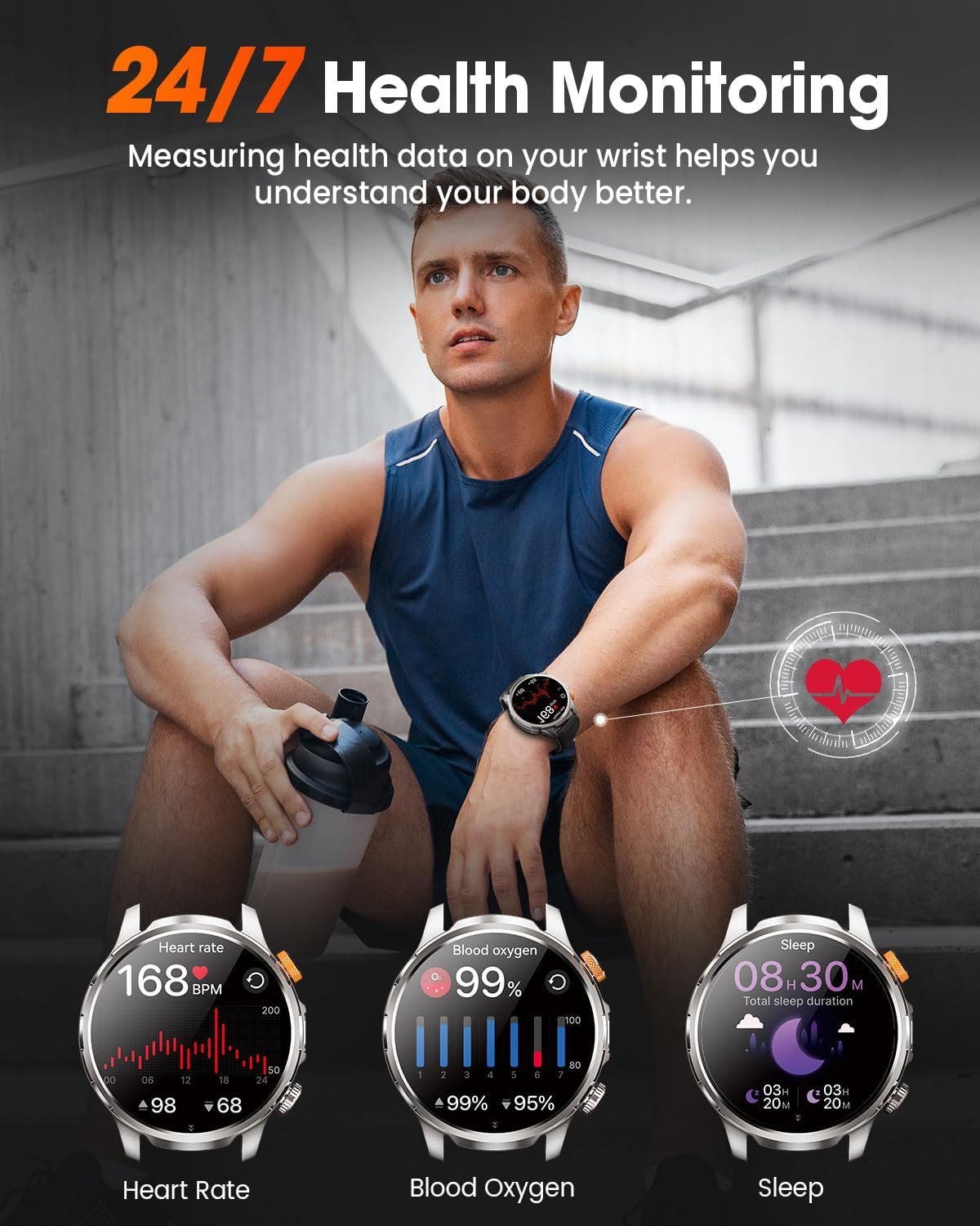 Zevelora Herren Militär, 1000mAH Akku Telefonfunktion, 5 ATM Wasserdicht Smartwatch (1,91 Zoll, Android/iOS), mit LED Taschenlampe 110+ Sportmodi/SpO2/Herzfrequenz/Schlafmonitor