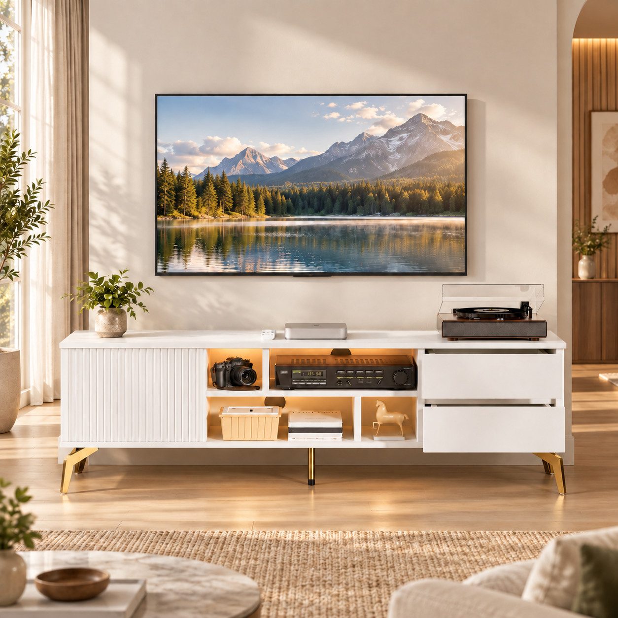 Yorbay TV-Schrank 147cm LED Lowboard, mit 2 Schubladen, 3 Fächer, Kabelmanagement, Weiß (in 1 Packung) Verschiedene Stauraum