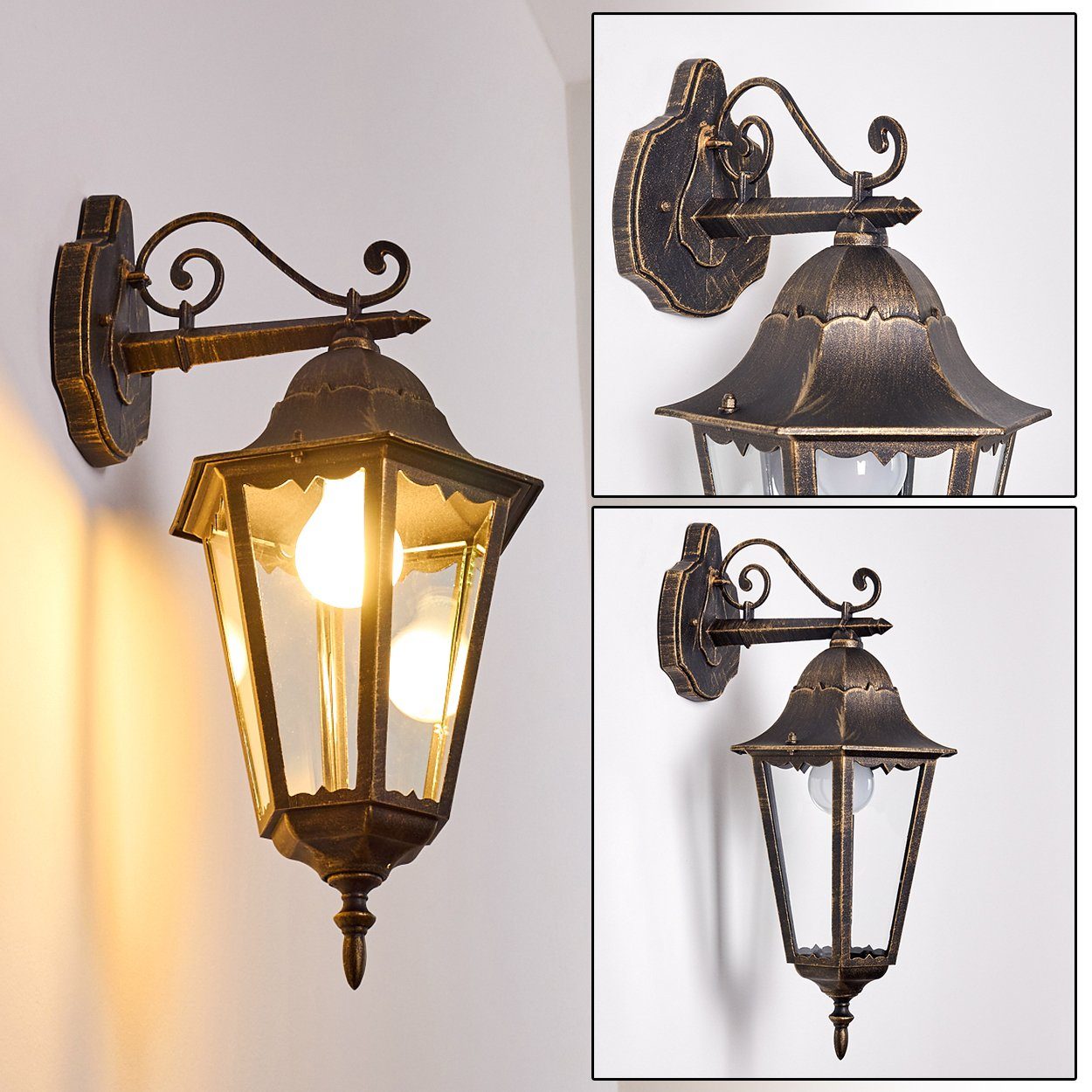 IP Außenwandlampe hofstein in Außenleuchte m. ohne u. Retro/Vintage Leuchtmittel, aus Hof, für Braun/Gold, 44 E27, »Viano« Außen-Wandleuchte Terrasse abwärts Metall/Glas