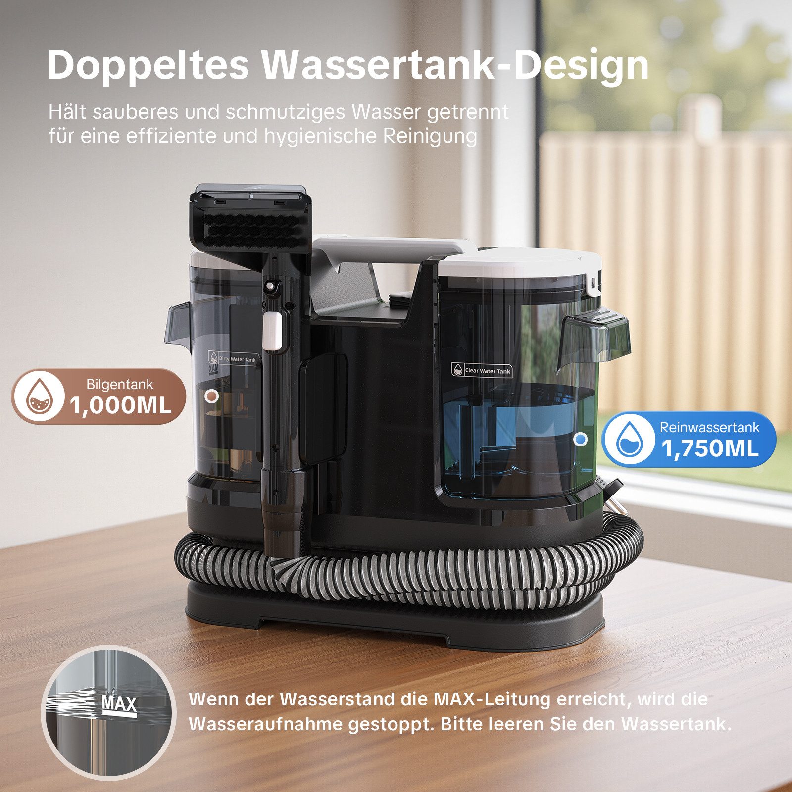 lubluelu Teppichreinigungsgerät A6 Polsterreiniger Gerät Nasssauger Waschsauger 15Kpa Tragbarer, 600 W, beutellos, Frischwassertank:1750ml /Schmutzwassertank:1000 ml