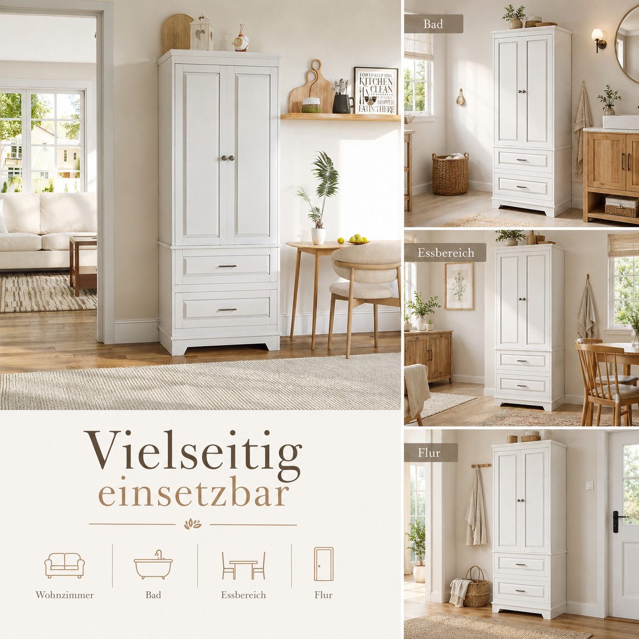 Simurq Kommode Hochschrank Weiß mit 2 Türen, 2 Schubladen, 157 cm hoch (Einzelmöbel, 1 St., 1 Hochschrank), Platzsparende hohe Bauform – Bild 5 von 5