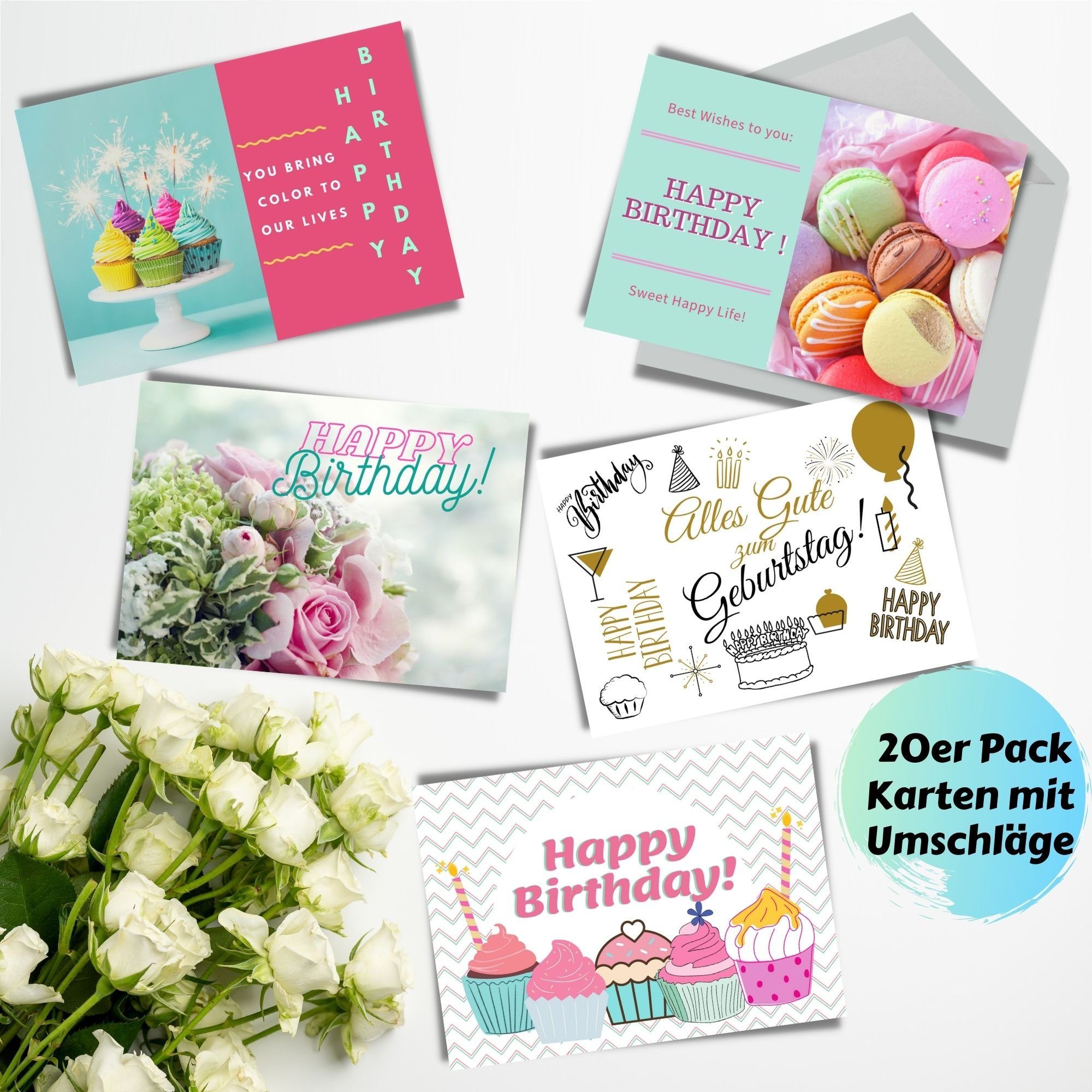 Domelo Geburtstagskarte 20er Set Geburtstagskarten mit Umschlag Postkarten Grußkarten