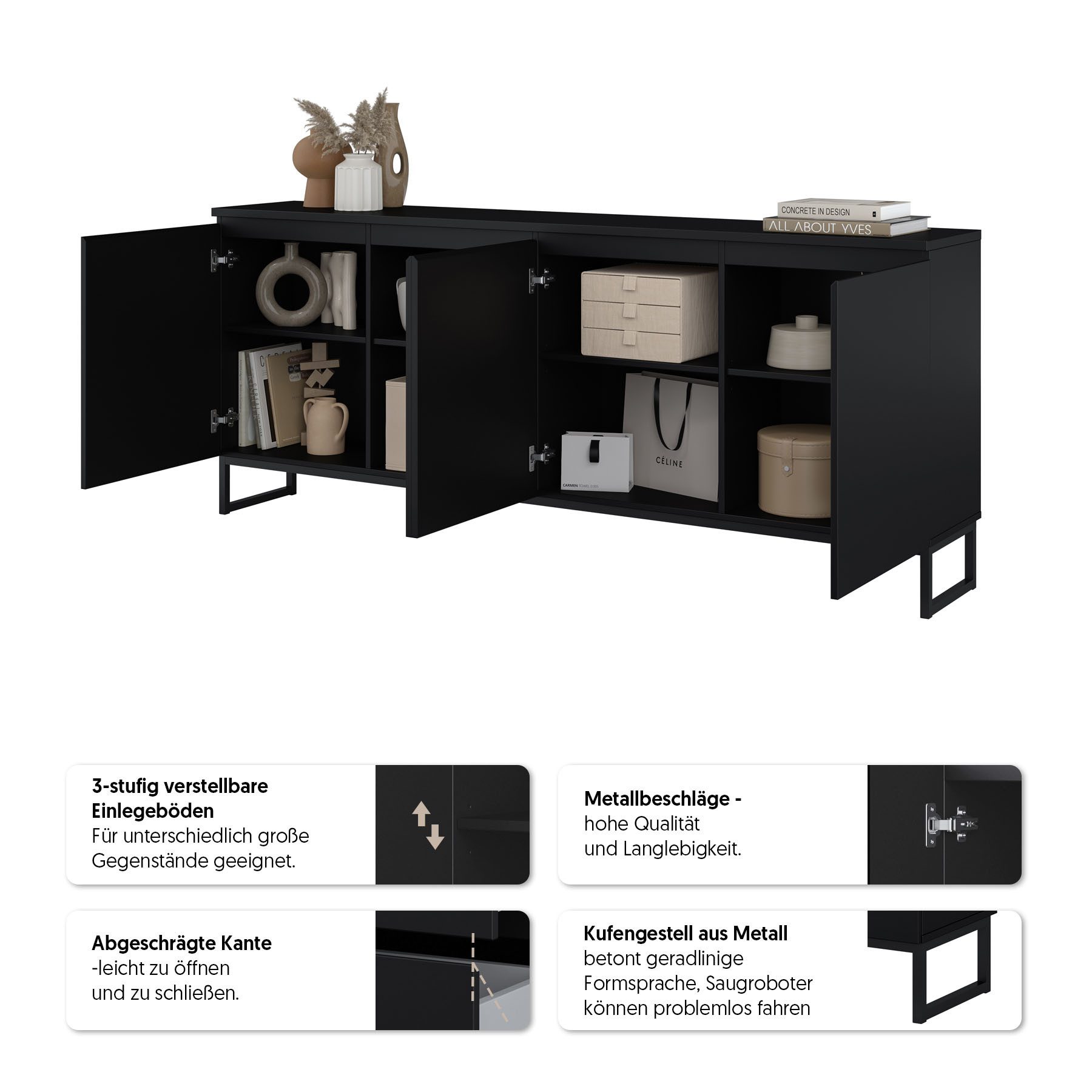 OTTO home Sideboard Modo II, Breite 200 cm, moderne grifflose Kommode 4Türen, Anrichte mit viel Stauraum, Einlegeböden verstellbar, Metallkufen