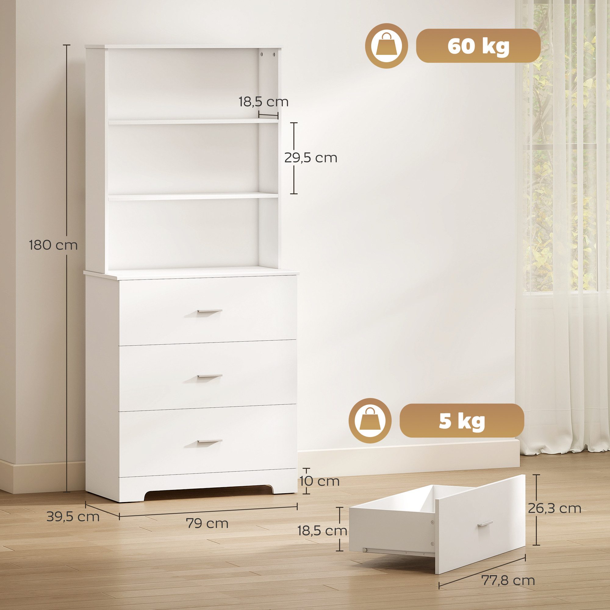HOMCOM Bücherregal Hochschrank Vitrinenschrank mit 3 Schubladen, 3 offenen Regalen, Bücherschrank 180 cm 1-tlg., für Wohnzimmer, Büro, Weiß