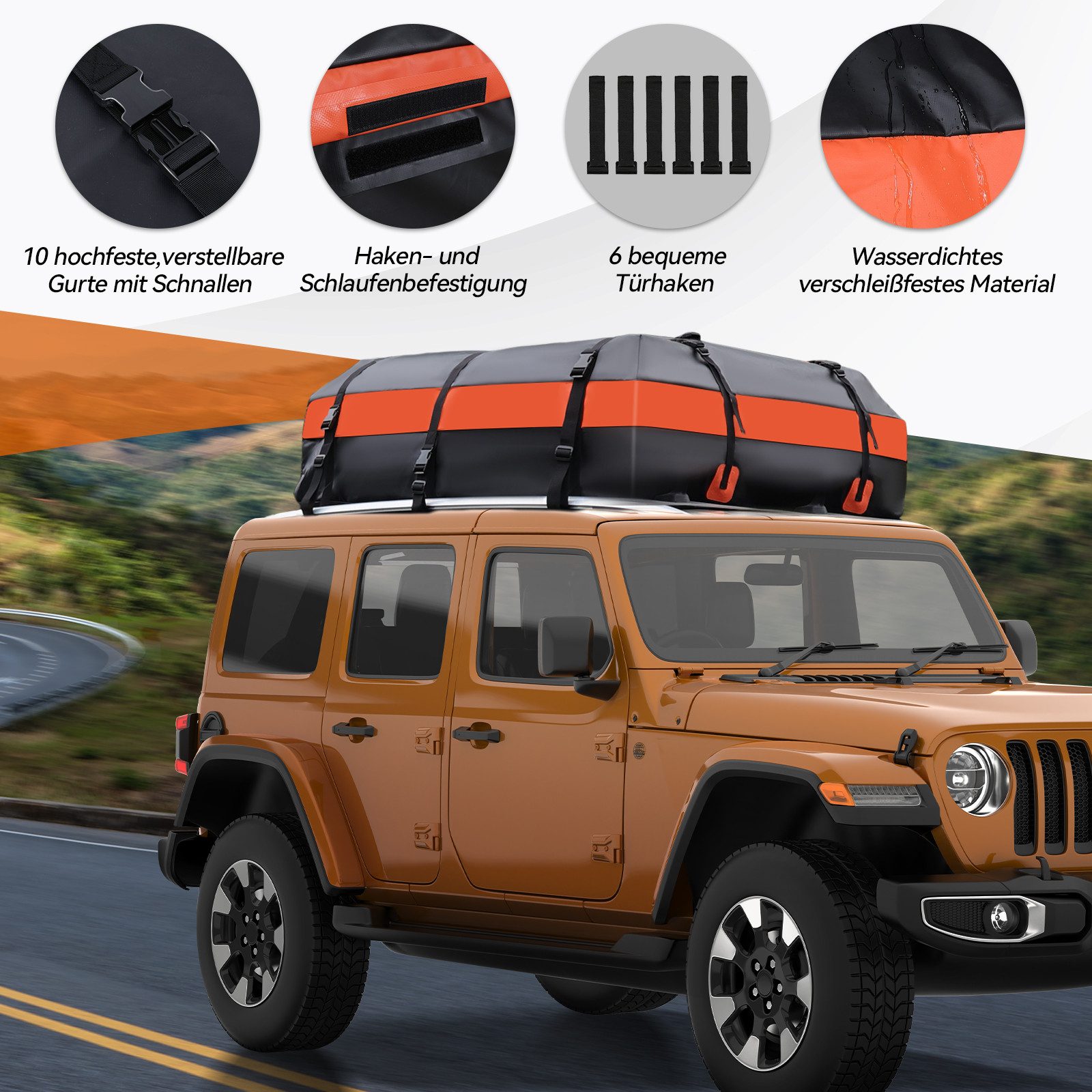 Puluomis Dachbox Auto 600L Faltbare Wasserdicht, mit 6 Türhaken, 8 verstärkten Riemen, (Dachtasche Dachgepäcktasche Dachkoffer Aufbewahrungsbox), für Autos mit/ohne Gepäckträger, Vans, SUVs