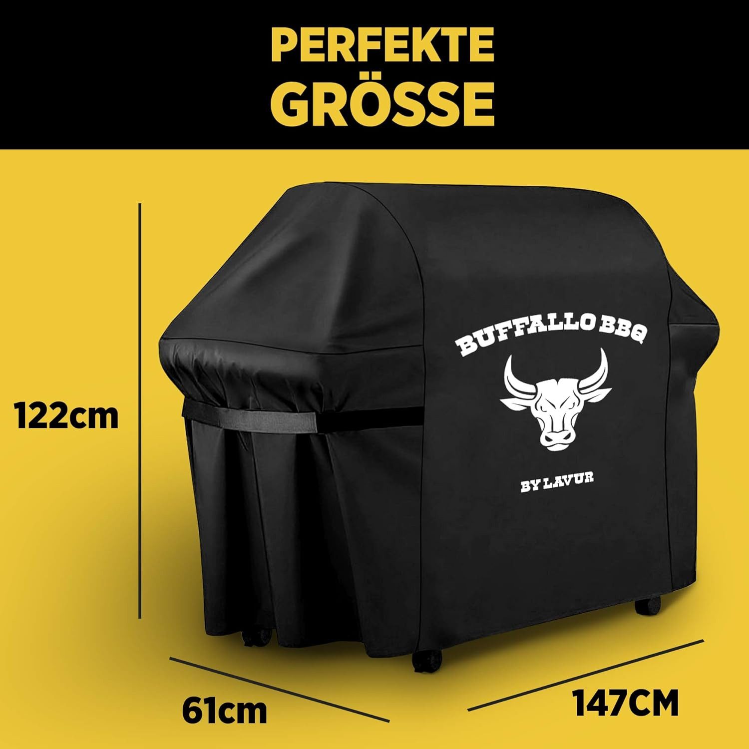 LAVUR Grillabdeckhaube BUFFALO BBQ Grillabdeckung 147×61×122 cm wasserdicht & windfest, Premium Oxfordgewebe, langlebig – Schutz vor Regen, Schnee & Rost